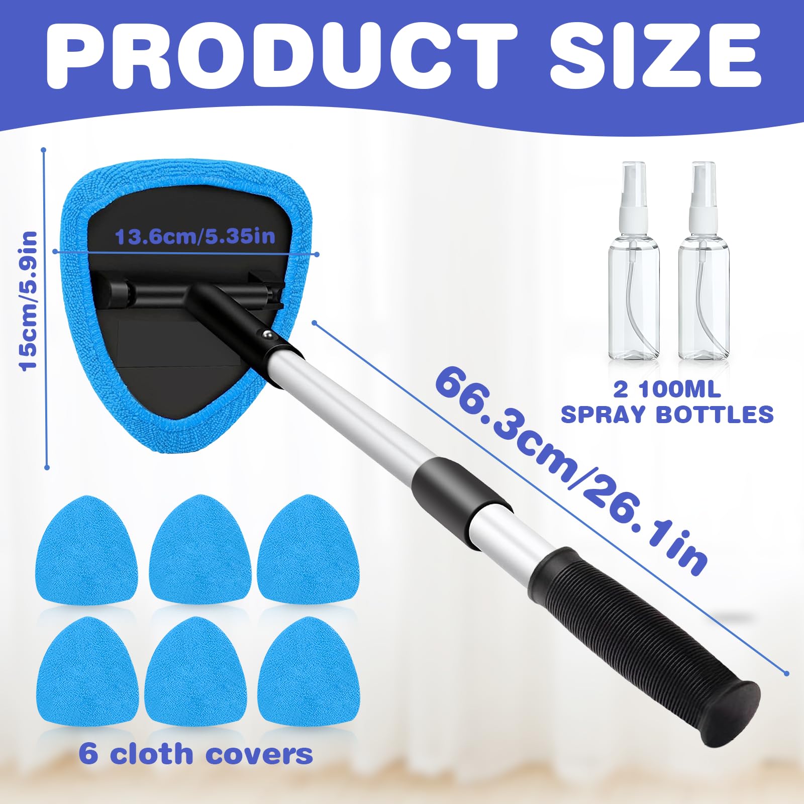 Auto Nettoyeur Vitres Nettoyant Vitres Intérieur Voiture : 9 Pièces Bleu Nettoyeur Pare-brise Rétractable, Kit d'Essuie-glace Auto avec 6 Tampons en Microfibre, 2 Bouteilles Pulvérisateurs, 40 cm