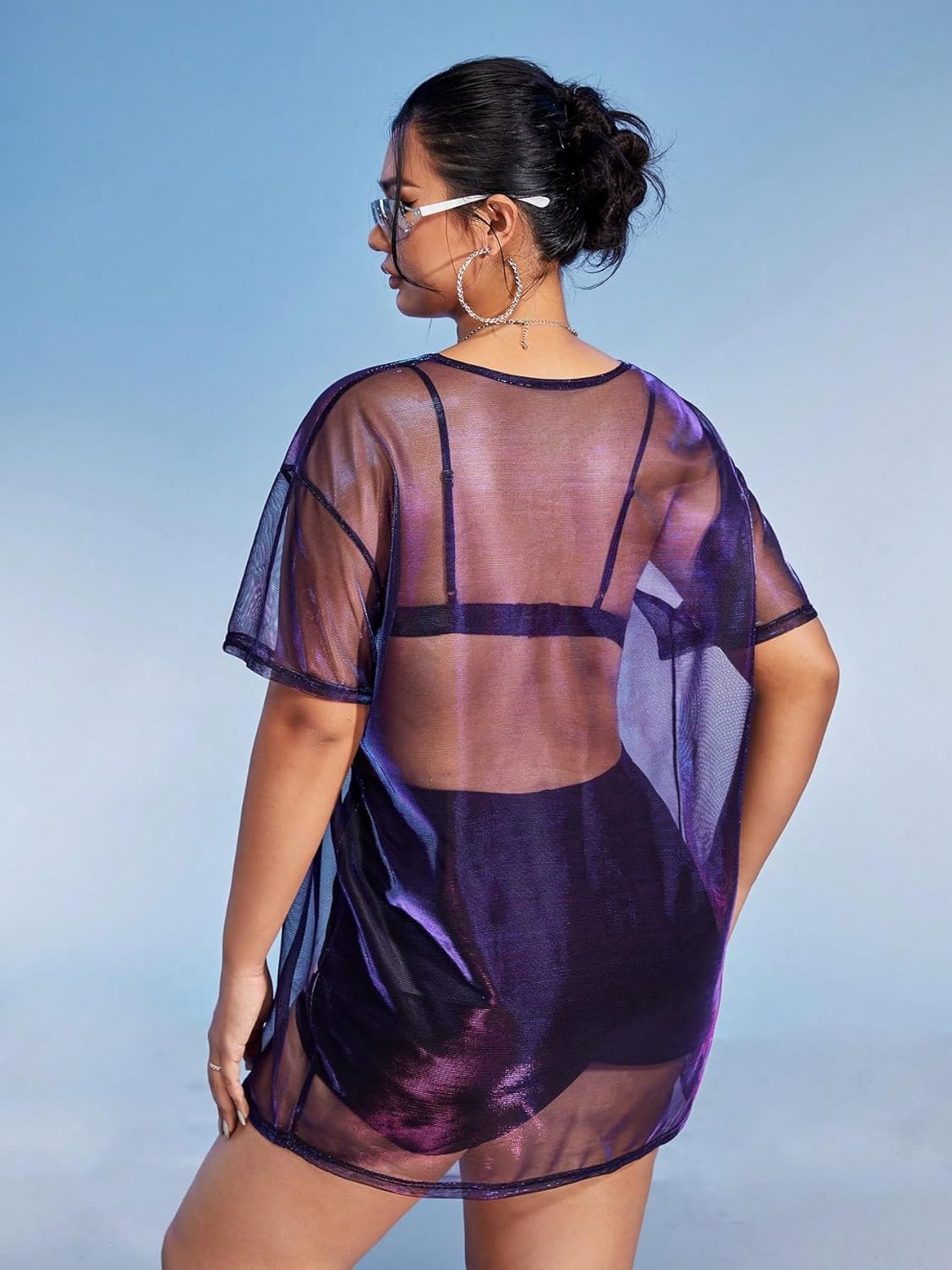 SHENHE Women's Plus Size Sexy See Through Mesh Short Sleeve Party Night Loose Tshirt Dress - Image 2
