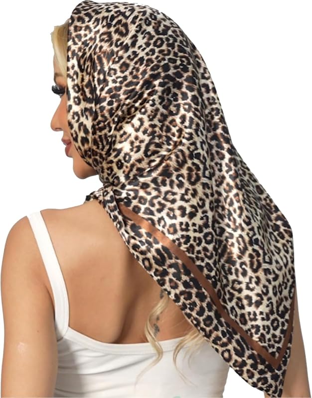 Women Leopard Print Square Scarf Satin Head Scarf Silk Like Neck Bandanas