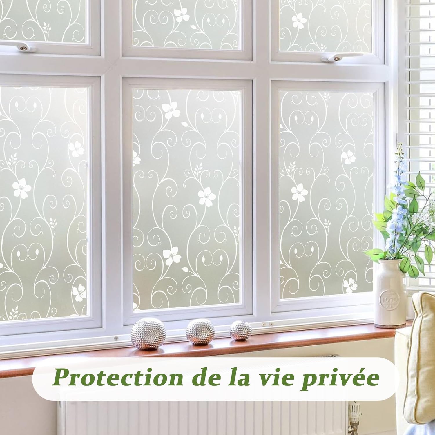 Qualsen Film Fenetre Anti Regard Motif Floral, Fleur Blanche, 90 x 300cm | Brise Vue Fenêtre, Opaque Film Electrostatique Vitre Non Adhésif, Anti-UV Décoratif pour Maison Bureau Cuisine
