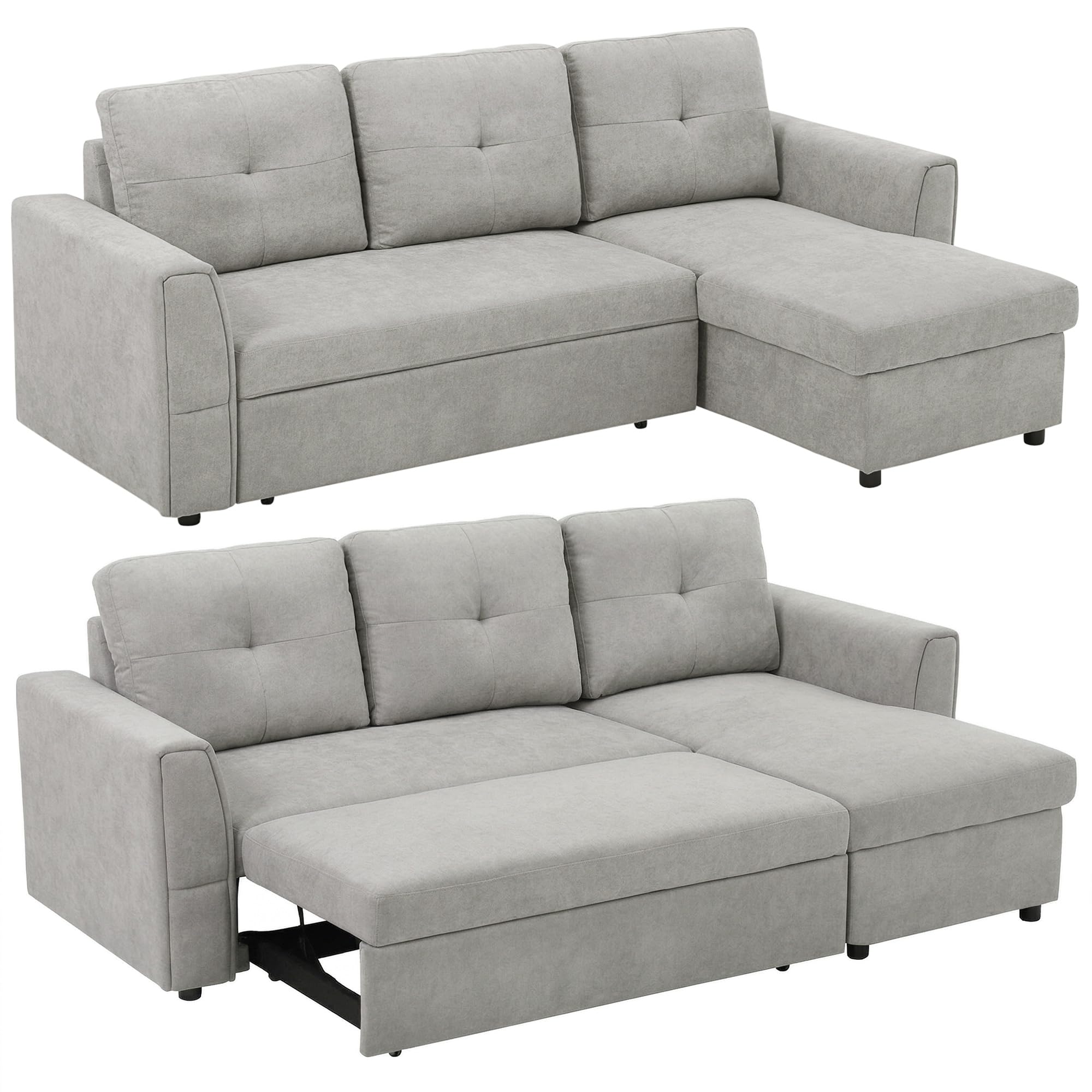 Homcom 3 Seater Sofa Bed, Convertible Pull Out Sofa With Storage, Grey