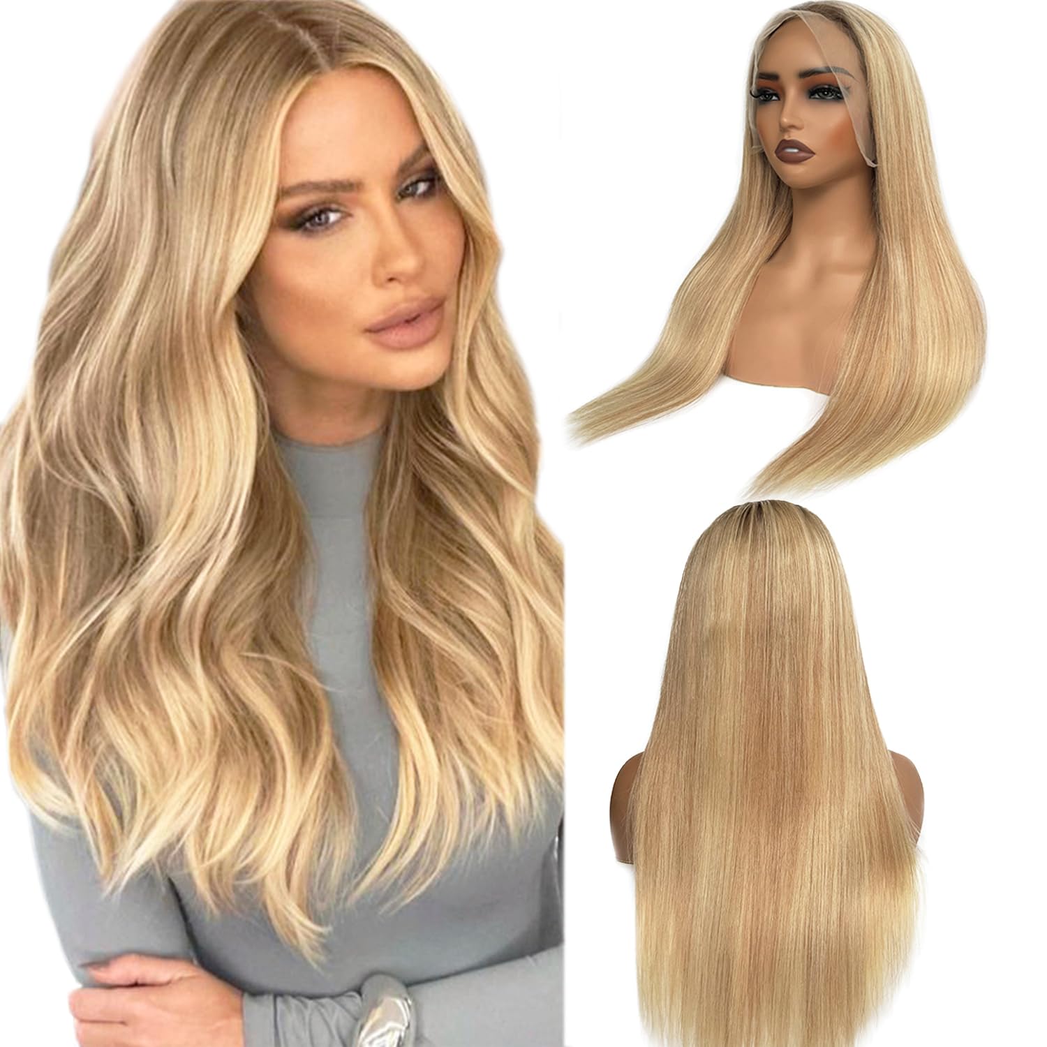 13x6 Light Blonde Highlight Lace Front Wig Human Hair 26 Inch 13x6 Invisible HD Lace Frontal Pre Plucked 180% Density Golden Blonde and 613 Bleach