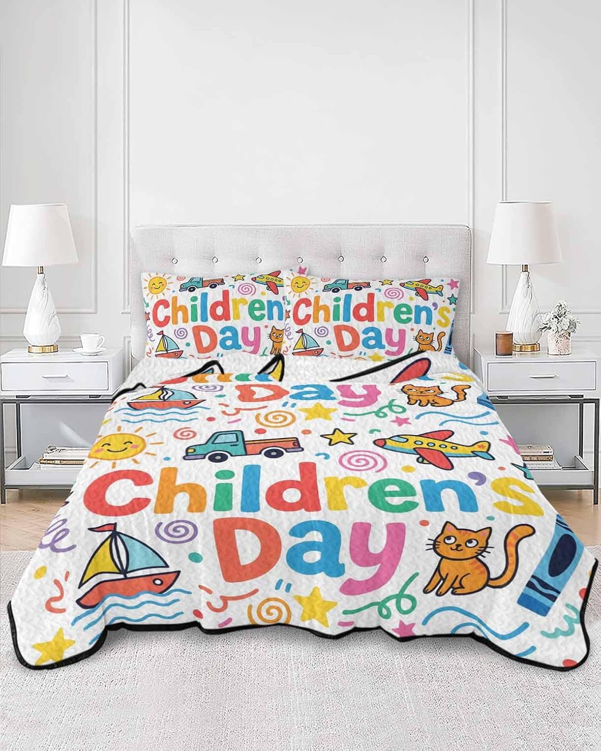 Twin Quilt Bedding Set, Children's Day Lightweight Summer Quilt 3 Pieces Bedding Sets, Cartoon Cute Watercolor Truck Cat Reversible Soft Bedspreads Coverlets with 2 Pillow Shams for All Season