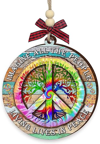 Miniatura 1 de Adornos de Navidad hippie 2025  Adorno de madera con signo de paz, regalos retro bohemios, regalos hippie para mujeres y hombres, decoración bohemia