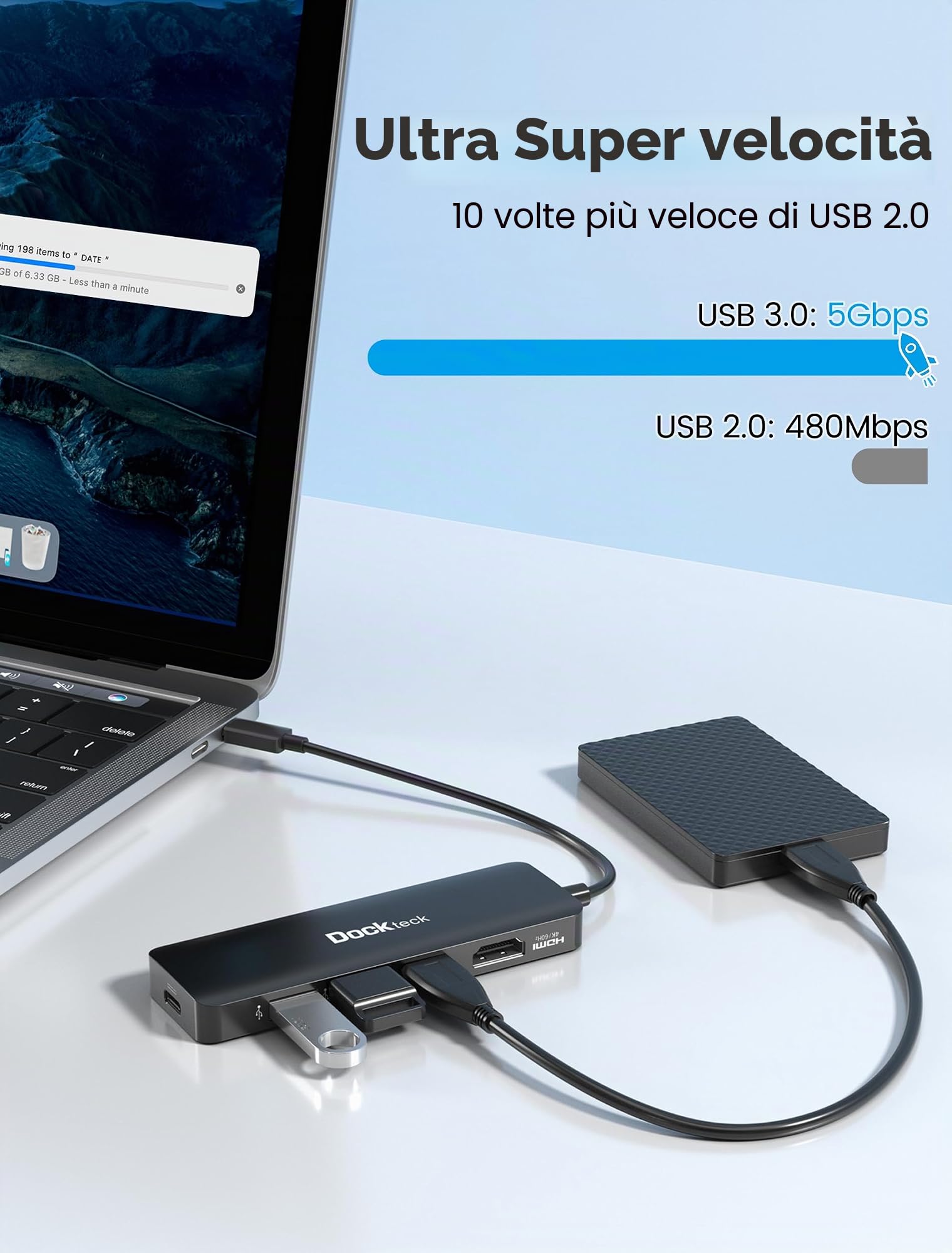 Hub USB C per MacBook Air M2, Dockteck 5 in 1 Dock USB C HDMI Adattatore 4k 60hz, 3 USB-3.0, 100W PD per MacBook Pro/Air M1/M2, iPad Pro, Steam Deck