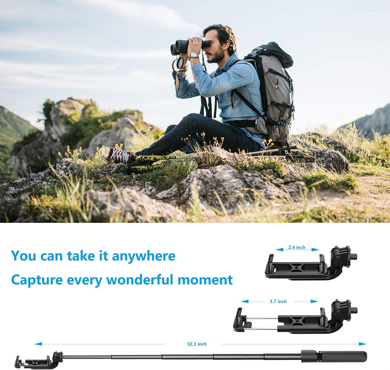Selfie Stick Tripod with Removable Wireless Bluetooth Remote Shutter Compatible,Lightweight Extendable Aluminum Pocket Selfie Stick for iPhone 11/XR/X/8/8P/7/7P Android Phone,Gopro,Webcam and Camera