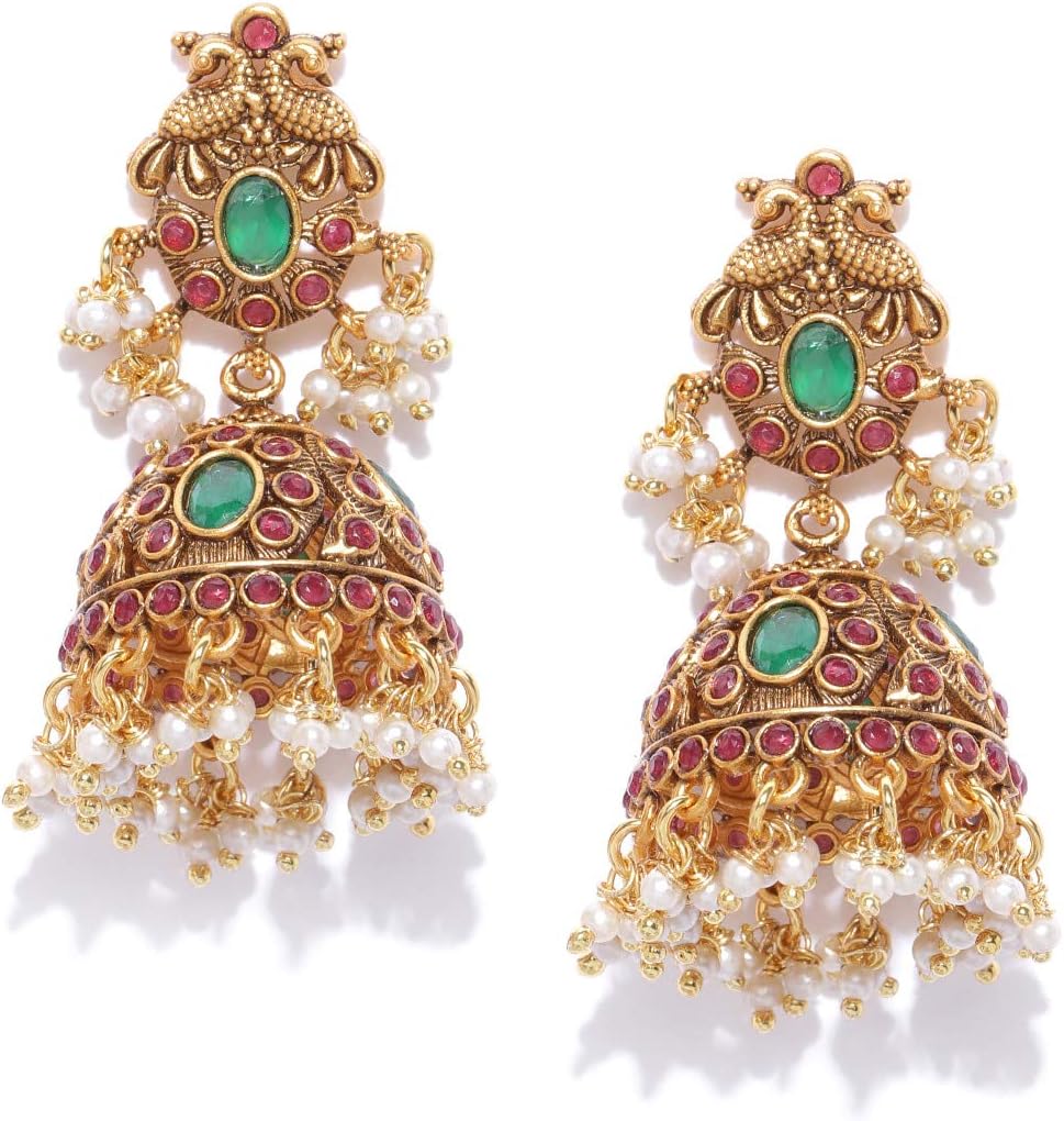 PriyaasiIndian Jhumka Earrings for Women | Multicolor Traditional Indian Earrings |Trendy Peacock Design | Kemp Stone-Studded | Plating of Gold | Pushback Closure