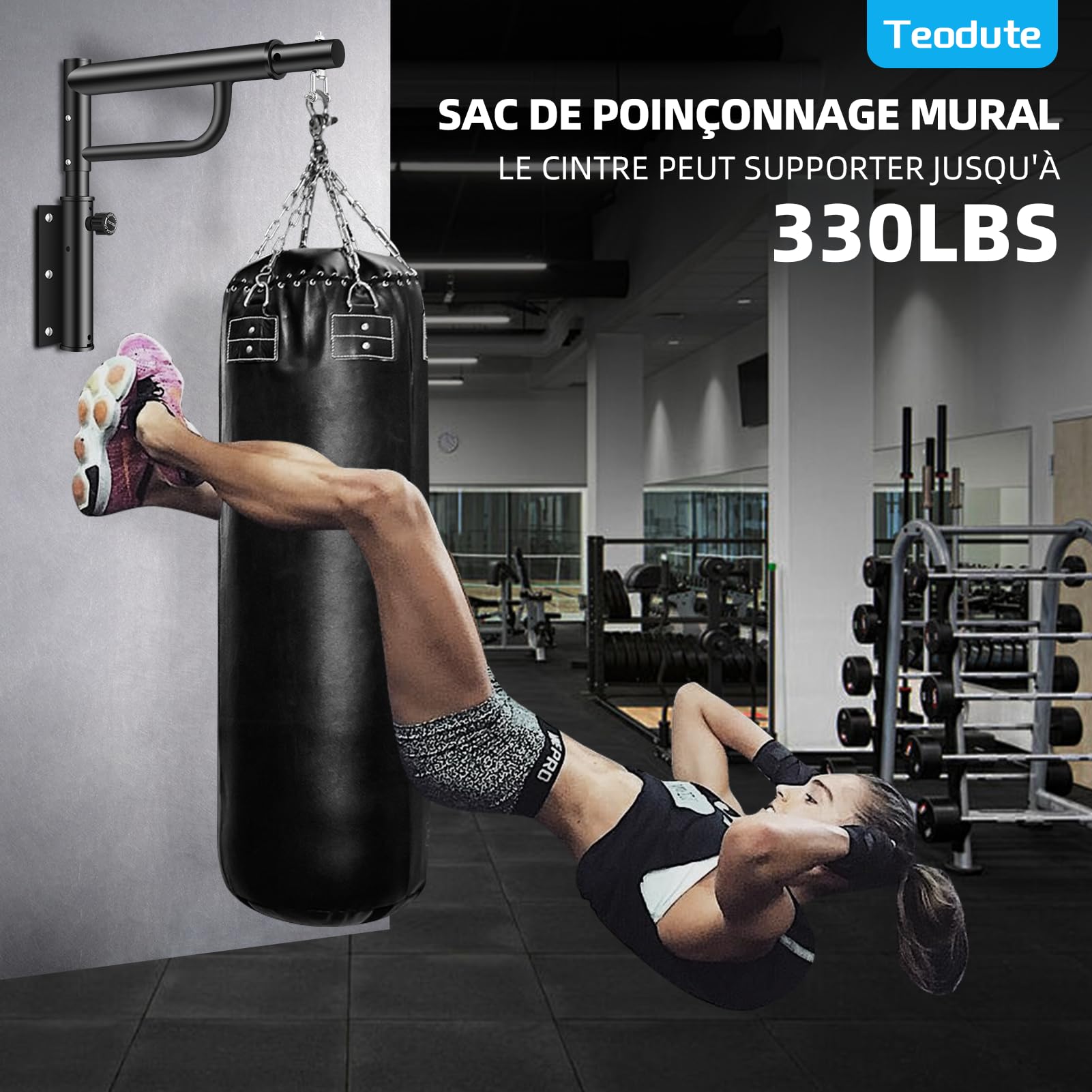 Support Sac de Frappe, Réglable & Rotatif, Support Mural Sac de Frappe Capacité de Charge 150 kg, Support de Suspension pour Sac de Frappe pour Maison Gymnase, MMA, Mua Thai