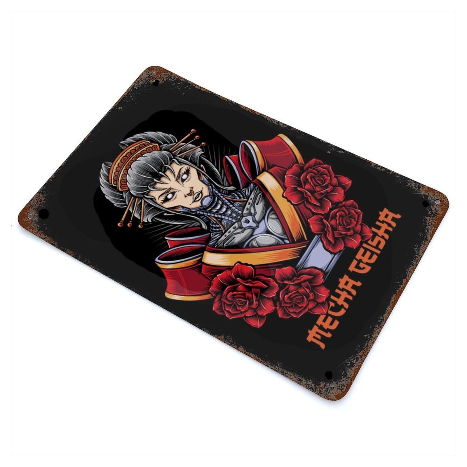 Mecha Geisha 11.8"x7.9" Rustic Tin Plaque, Farmhouse Wall Decor for Basement, Hobby Room And Garage Decor