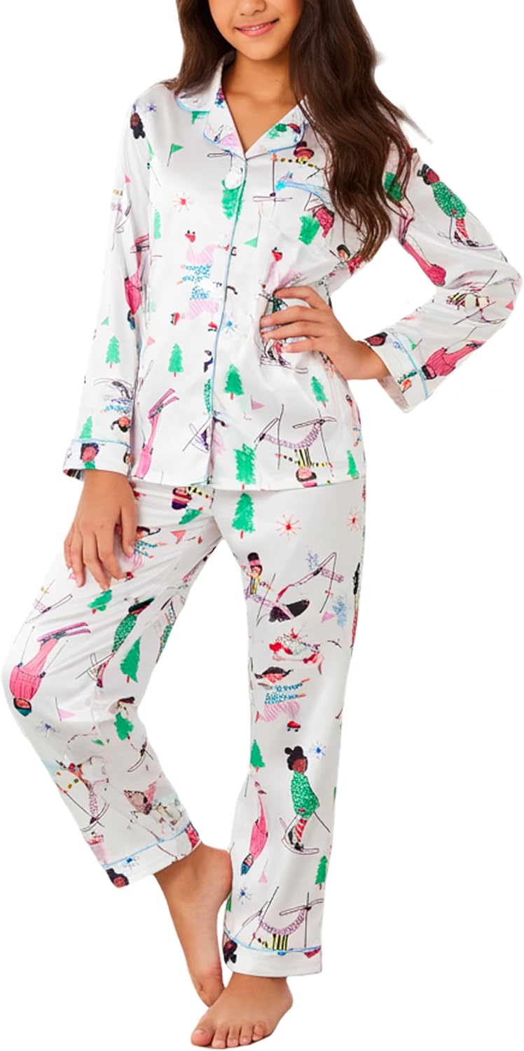 PATPAT Girls Satin Pajama Set - Silky Long Sleeve Sleepwear for Kids with Bag,Ages 5-14 Years