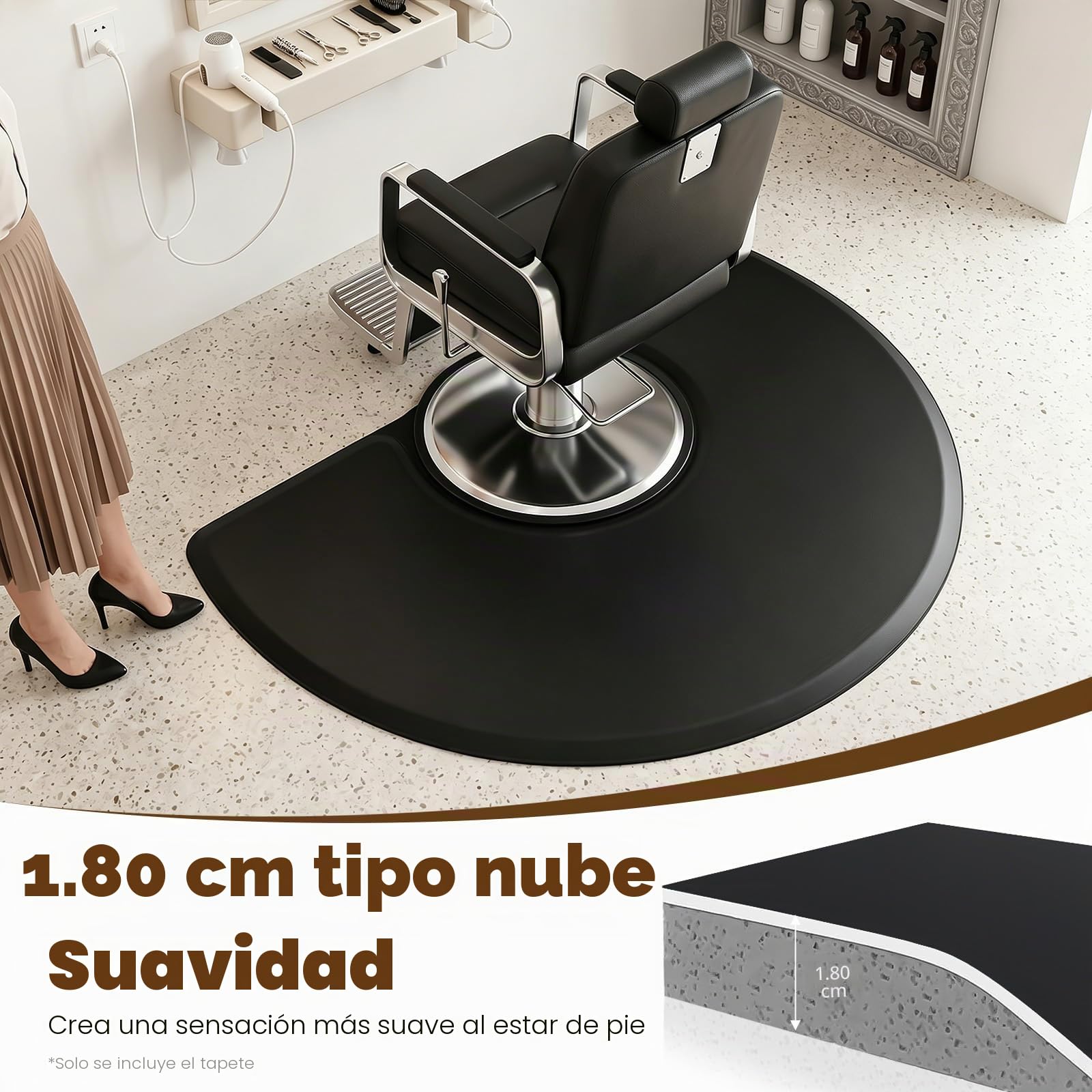 Alfombra antifatiga para salón de peluquería, alfombra con absorción de golpes, 3 x 5 pies para peluquería y sillas de salón (negro - semicircular)