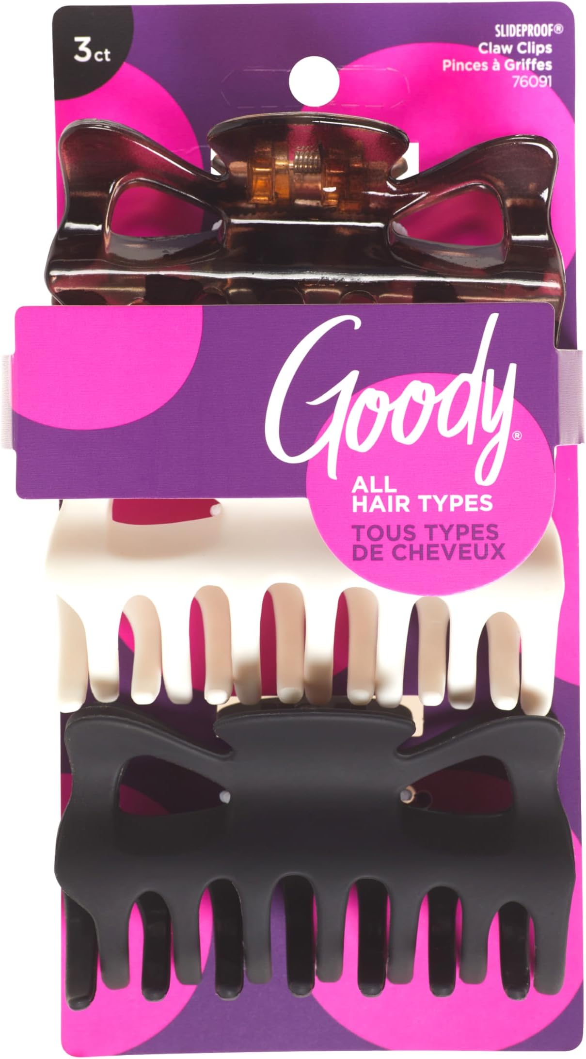 SlideProof Large Claw Clips - 3 Ct, Tortoise Print, Black Matte & Ivory, Secure Grip Hair Styling Accessories for Women & Men, All Hair Types