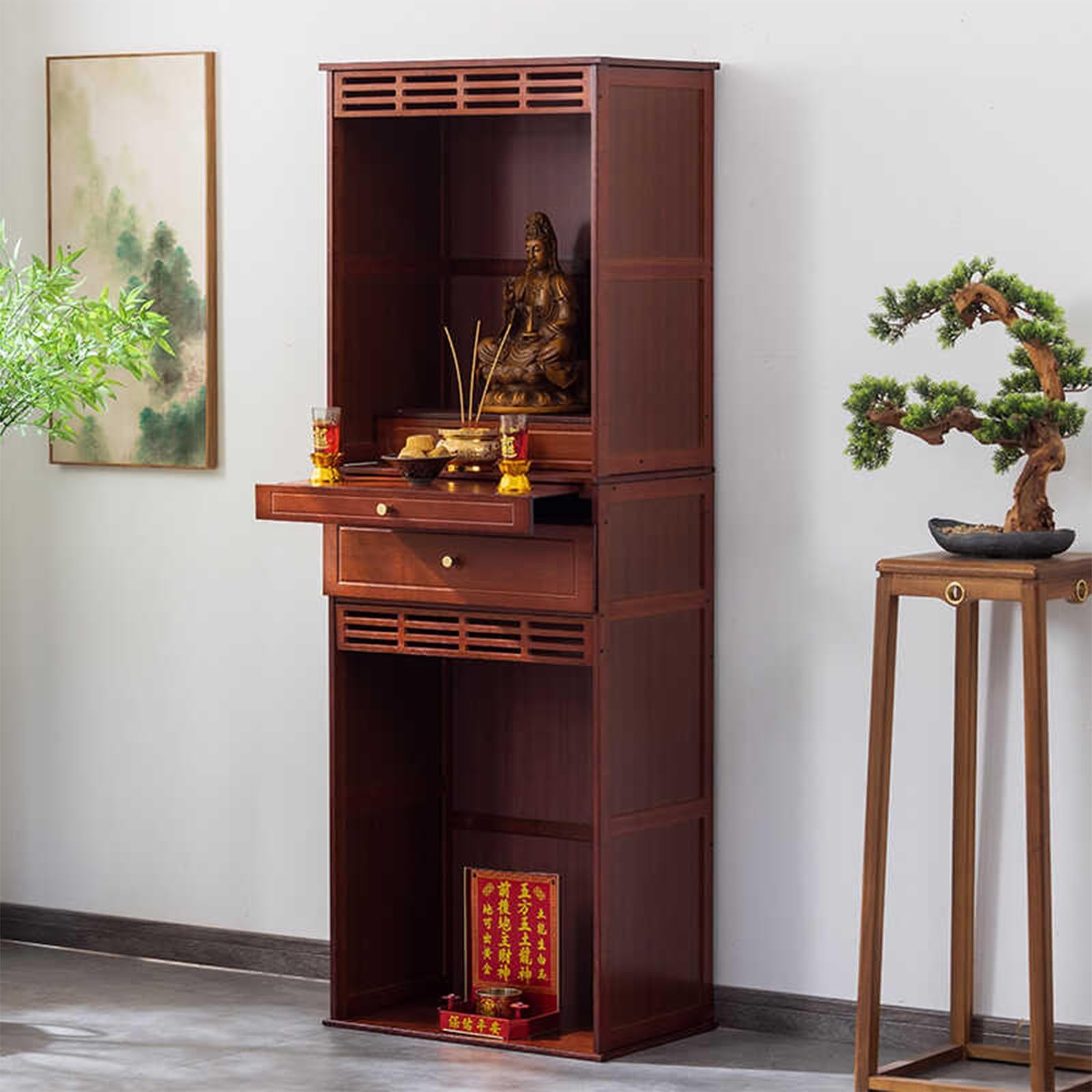 MESCXTY Altar Table with Drawer and Pull-Out Shelf, Cabinet for Storage, Meditation Display Spiritual Practice, Traditional Worship, Temple Home Pooja Mandir