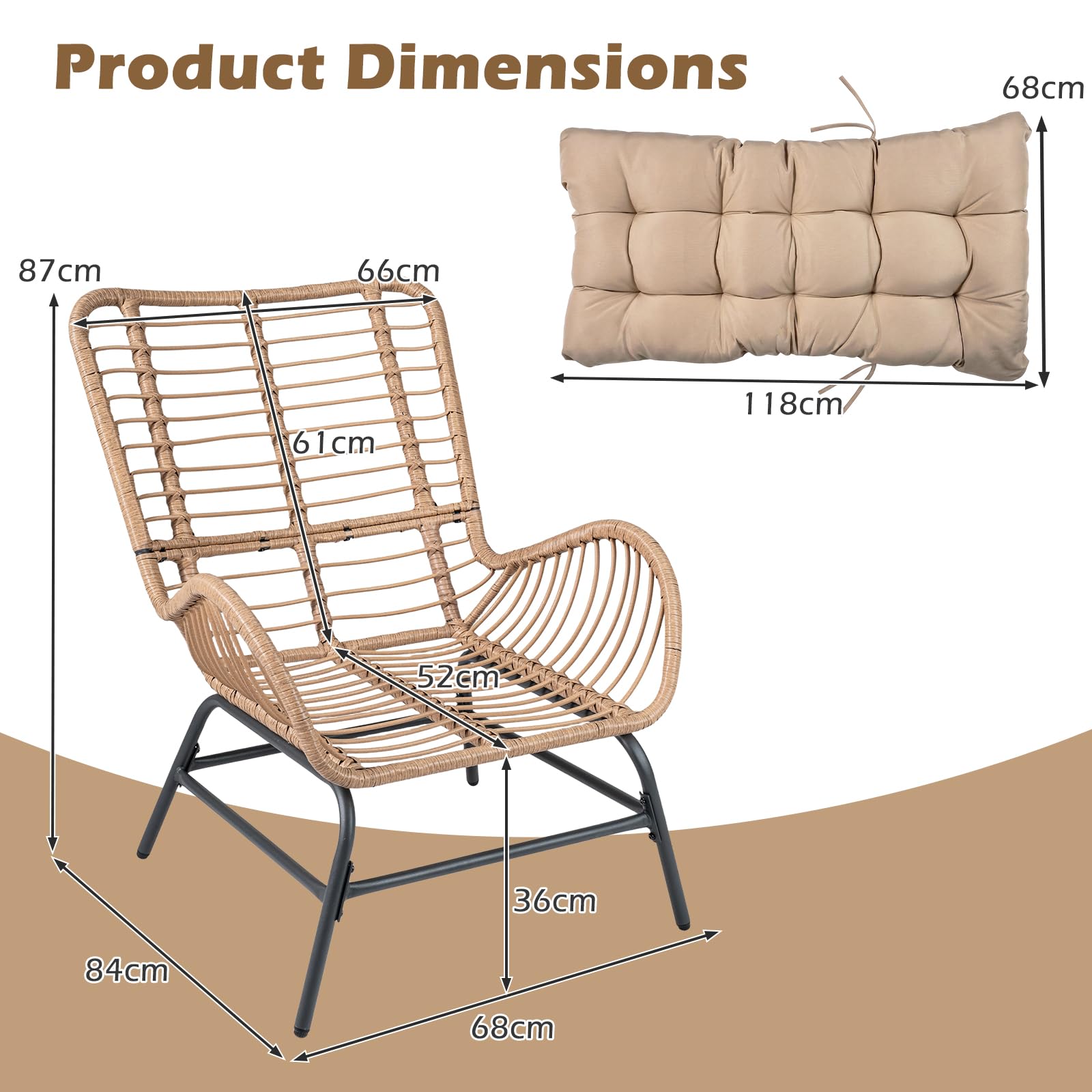 GIANTEX Sillón de jardín de ratán, silla de jardín para exteriores