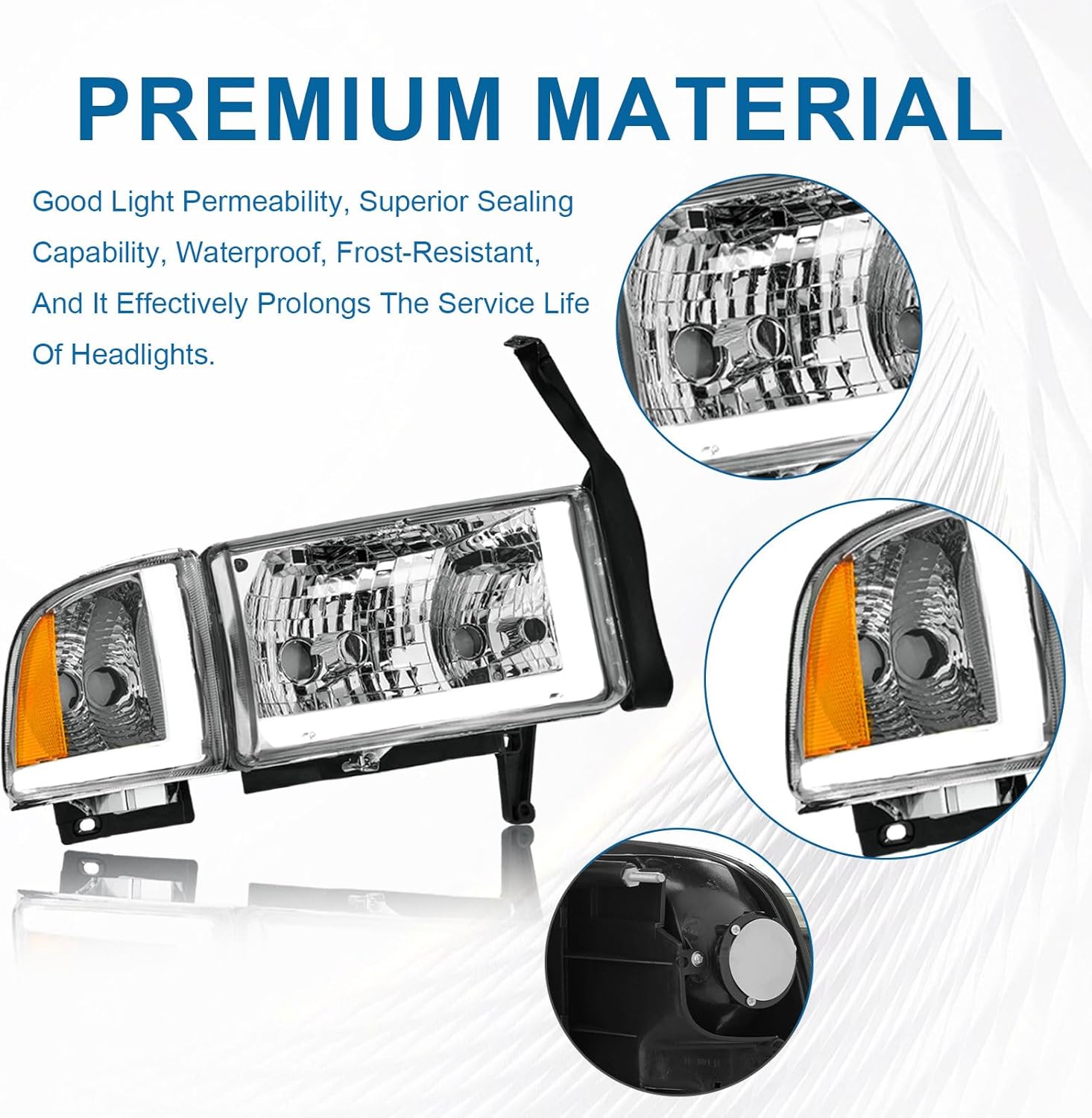LED DRL Headlights Compatible with 1994-01 Dodge Ram 1500/1994-02 Dodge Ram 2500 3500 (Except SPORT & VAN Models) 2PC Assembly Headlamp Amber Reflector Chrome Housing