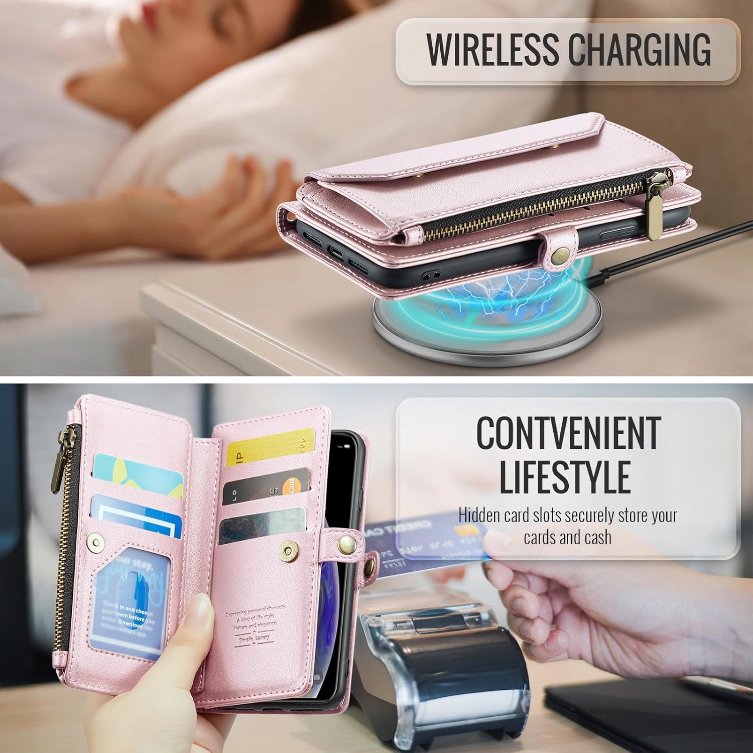 Phone Case for iPhone Xs X 10 10s Zipper Wallet Cover with Tempered Glass Screen Protector and Flip RFID Blocking Card Holder Cell iPhoneX iPhoneXs iPhone10 i PhoneX SX 10x 10xs X’s Women Rose Gold