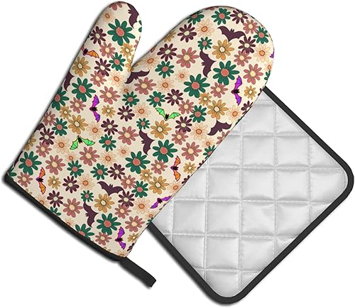 Juego de murciélagos con guantes de horno de flores y soportes para ollas, guantes de horno resistentes al calor para una cocina segura, cocinar,