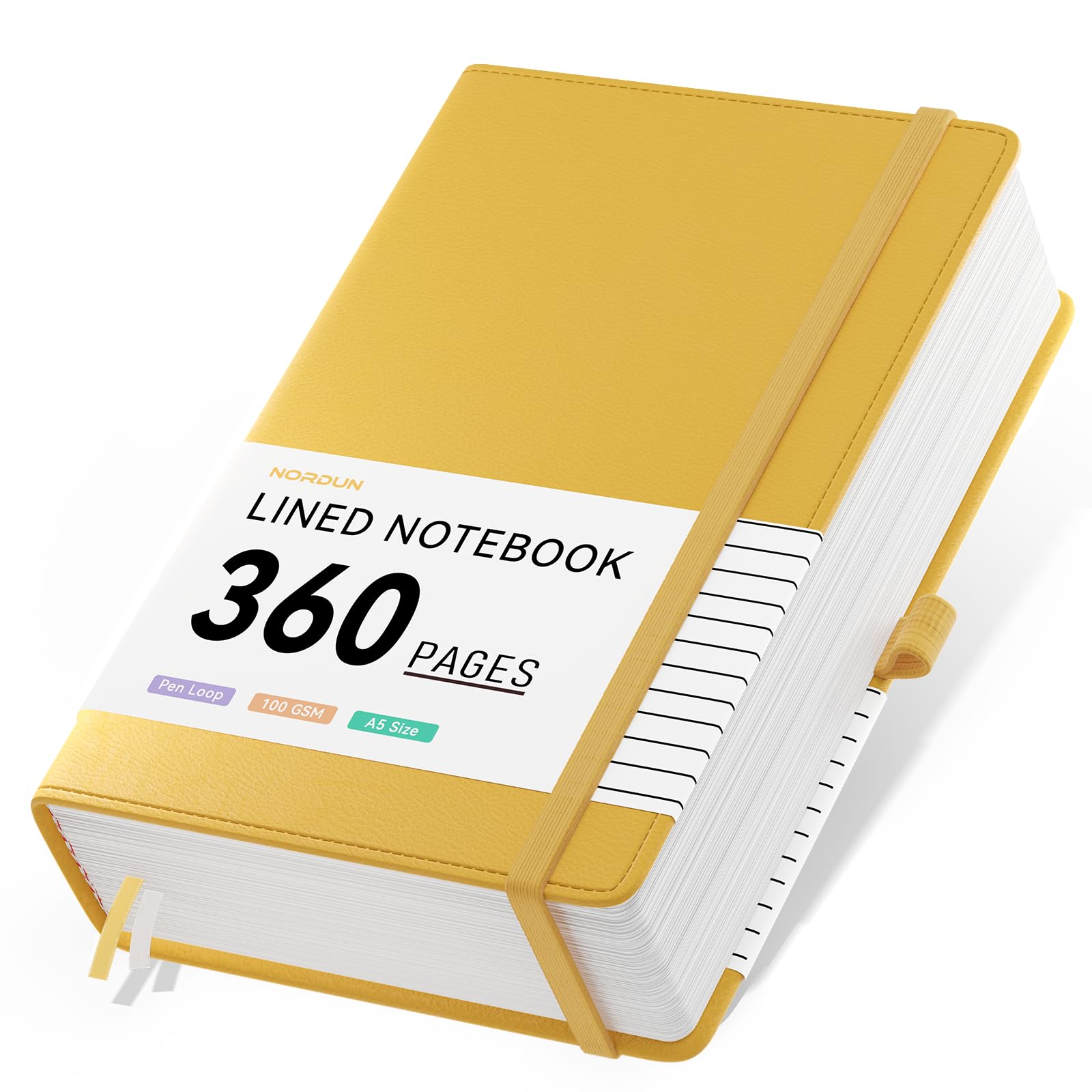 NORDUN Notebook A5 Lined Journal,Hardcover Leather Journal with 360 Pages 100gsm Thick Paper, Index Tabs,College Ruled Notebook for Women Men Writing Work School Office,14.5 x 21cm - Yellow