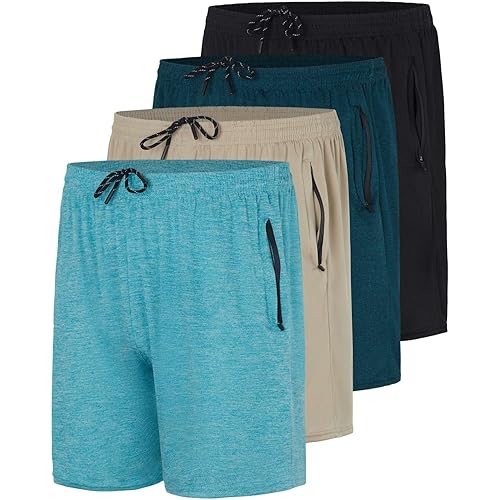 Real Essentials 4 Pack: Men's 7" Athletic Running Quick Dry Mesh Shorts with Zipper Pockets (Available in Big & Tall)