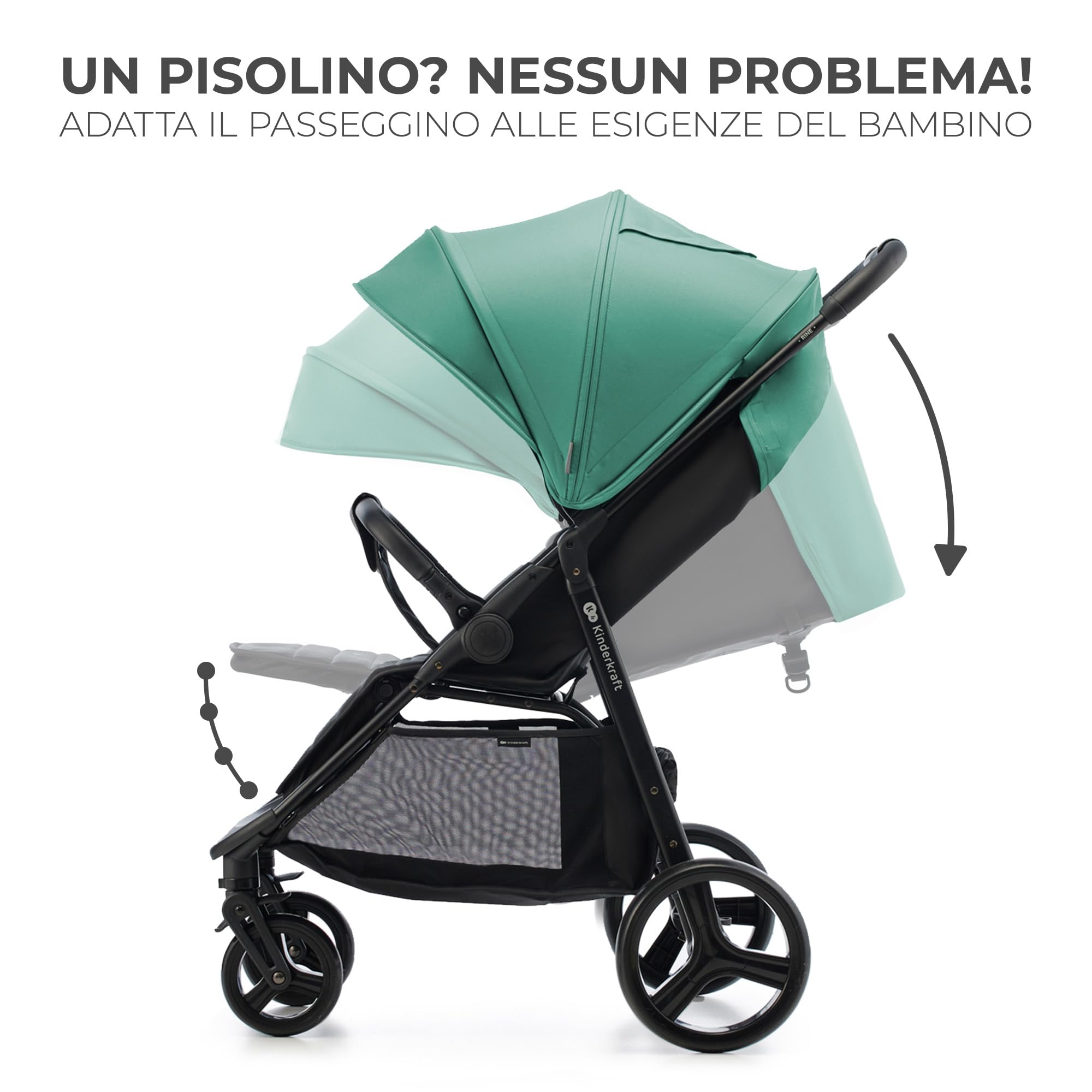 Kinderkraft RINE Passeggino leggero fino 22 kg, Chiusura con una mano, Capotta impermeabile con filtro UPF50+, Barra di sicurezza girevole, Portabicchiere, Verde