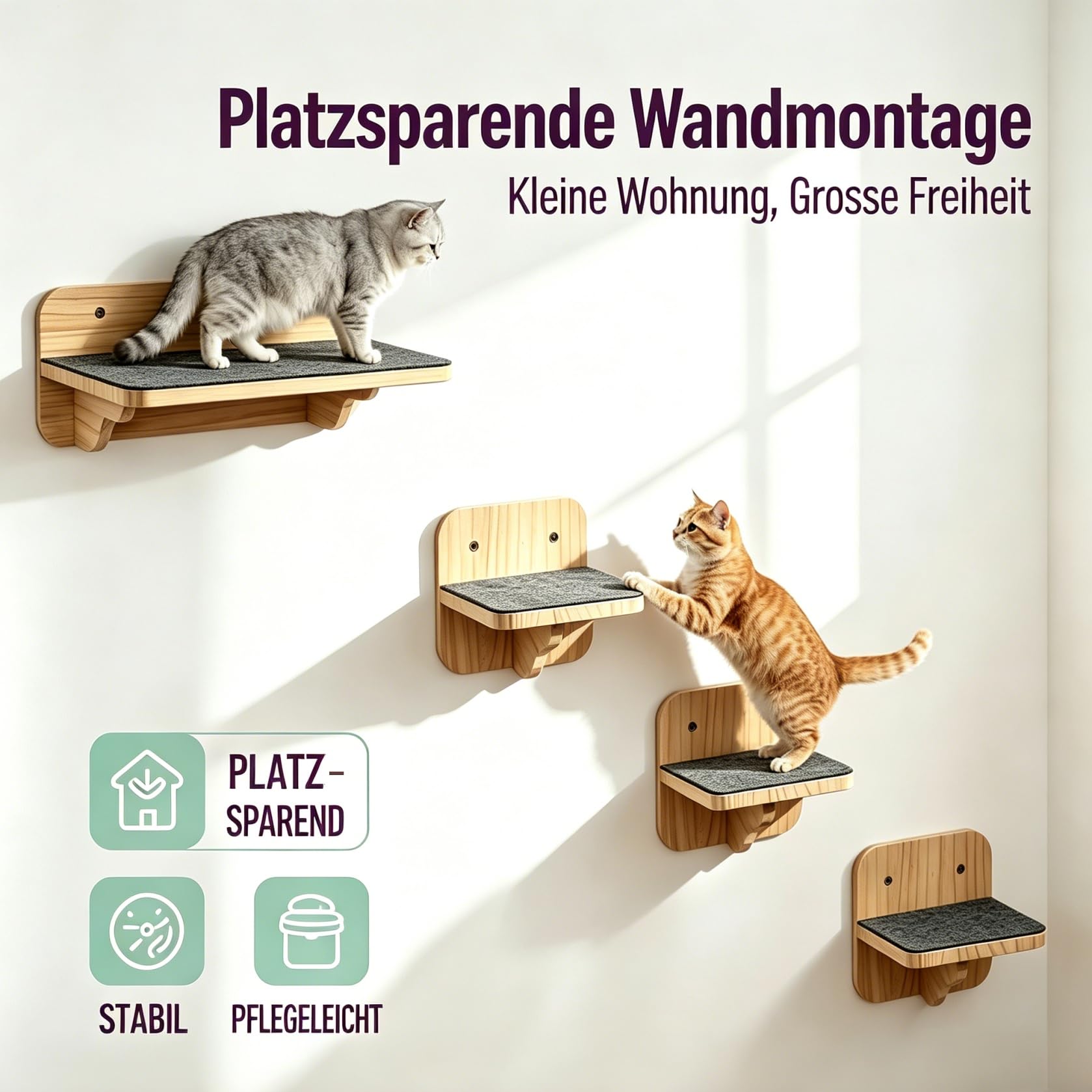 Ściana dla kota z drewna z miękkim filcem, ścianka do wspinaczki dla kotów, schodki dla kotów, zestaw 4 szt. wraz z 1 platformą 40 x 32 cm, 3 stopnie 18 x 18 cm, do 30 kg, zestaw mebli ściennych dla