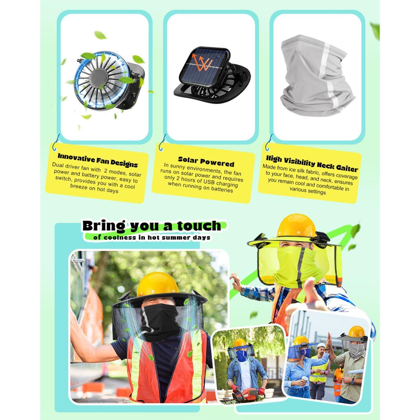 Sombra solar de sombrero duro - Pañuelo transpirable con ventilador solar | Protección UV Cuello facial Visera solar para jardinería en el sitio de construcción Senderismo