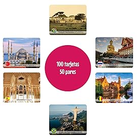 Menique Explore The World Memory Matching Game - Spanish Edition - 100 Cards (50 Pairs) with Iconic Landmarks, Country & Flag - Educational Geography Game in Spanish.