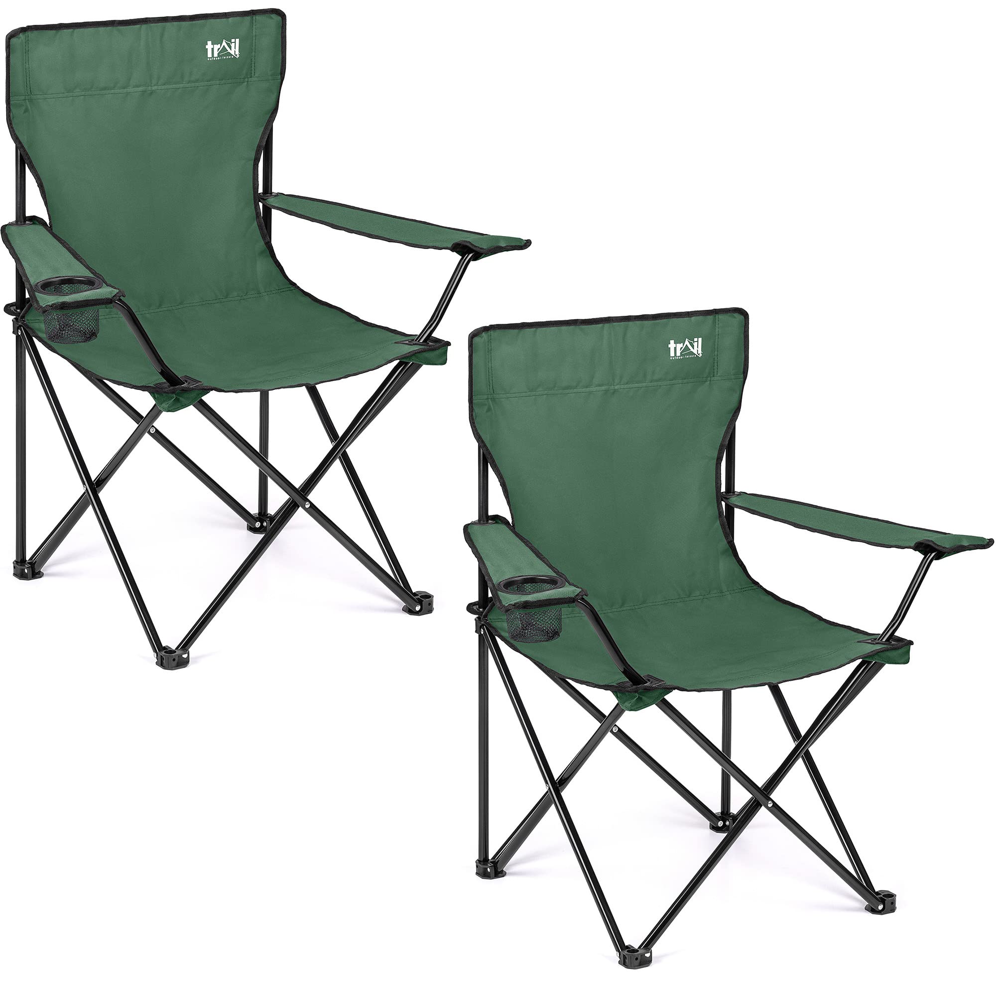 Trail Folding Camping Chair – 2 Pack, Lightweight Outdoor Chair with Cup Holder Armrest, Heavy Duty Tubular Steel Frame, Fast-Drying Polyester, Carry Bag, 100kg Capacity (Green) — image 1