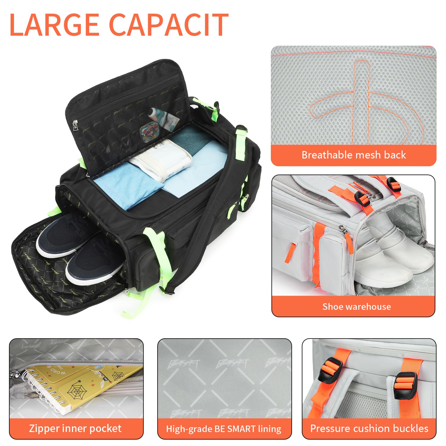 BE SMART Gym Backpack for Men, Extra Large Big Bookbag with Shoe