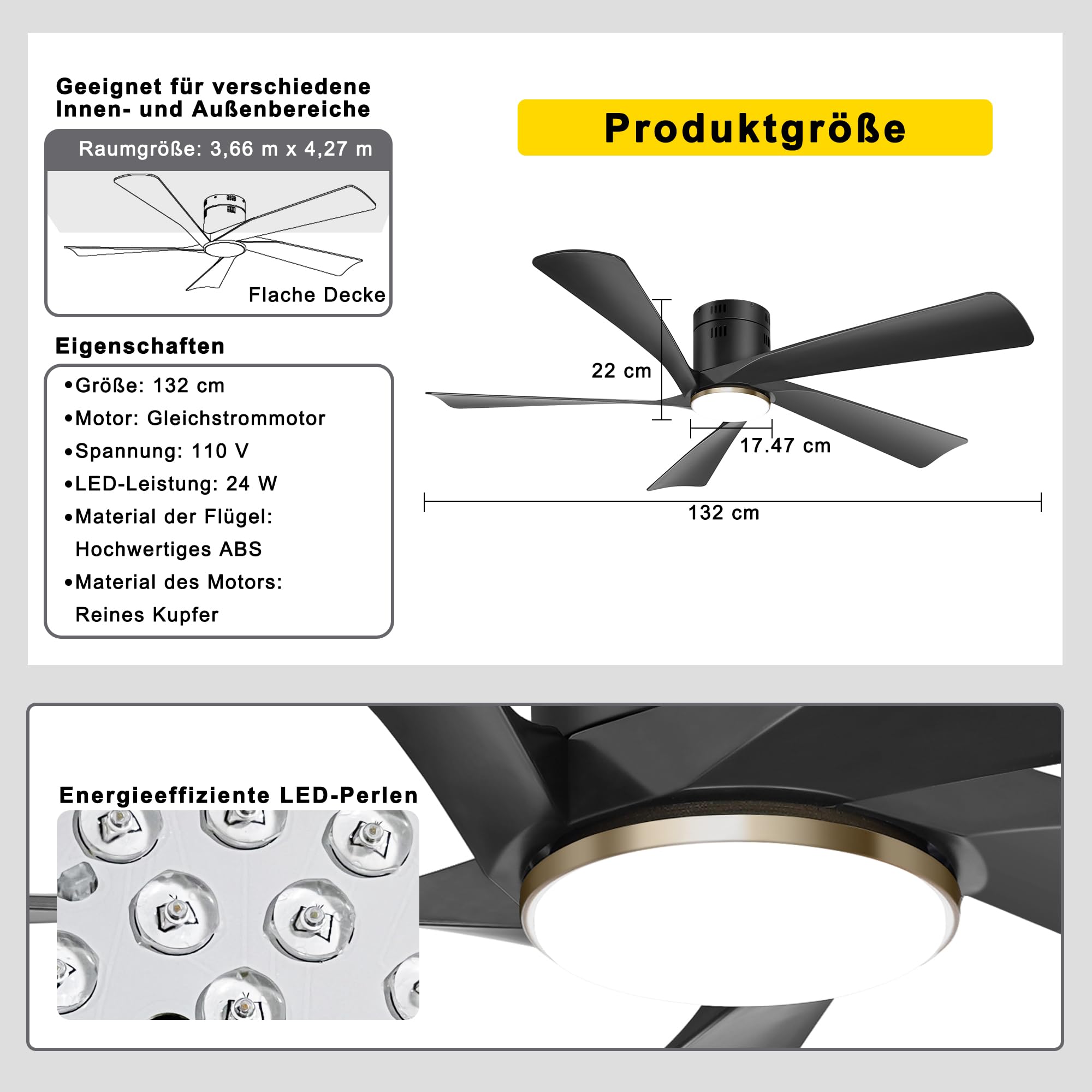 Ohniyou 132 cm Deckenventilator mit Beleuchtung, Fernbedienung, App-Steuerung, Dimmbar, Leiser DC-Motor, Schwarz