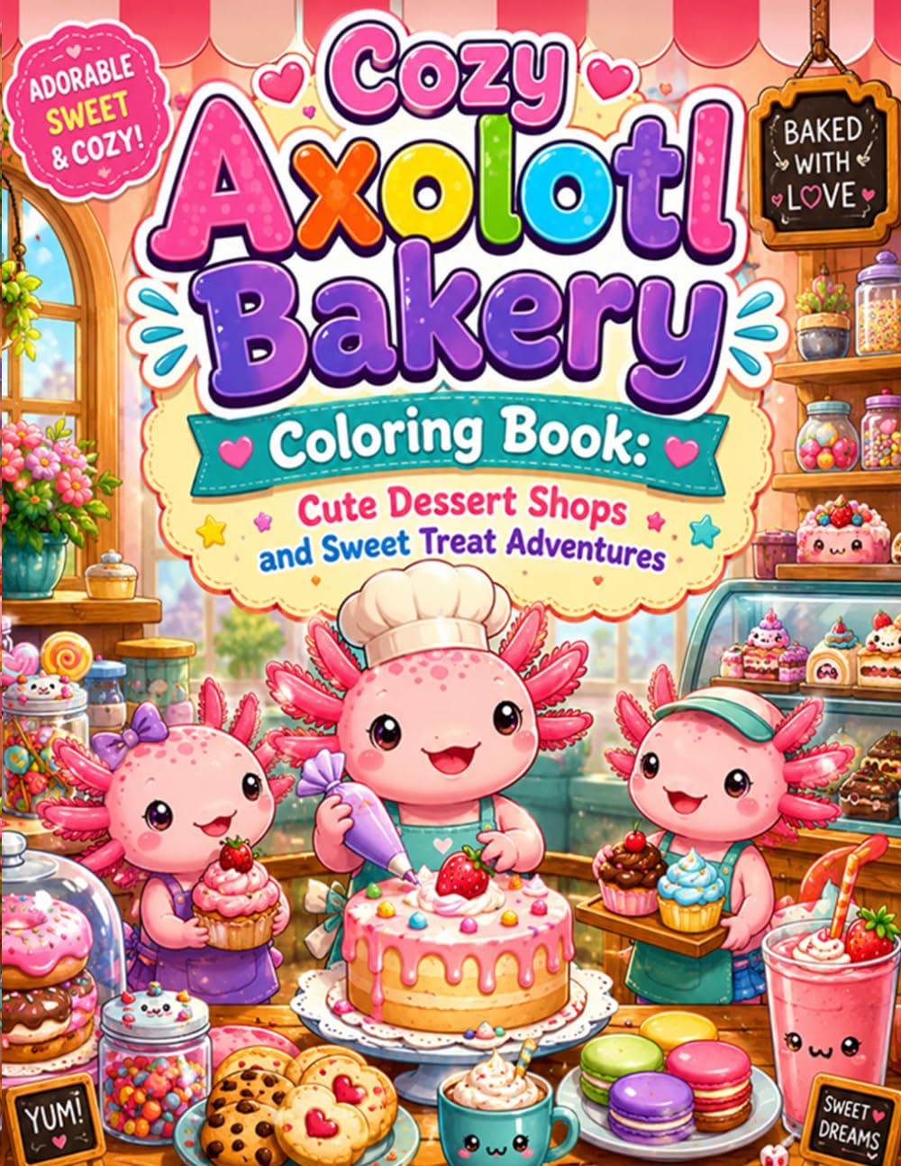 Cozy Axolotl Bakery Coloring Book: Cute Dessert Shops and Sweet Treat Adventures: Adorable Bakery Scenes with Cute Axolotls, Cupcakes, Donuts, Smoothies and Cozy Sweet Moments for Relaxation and Fun