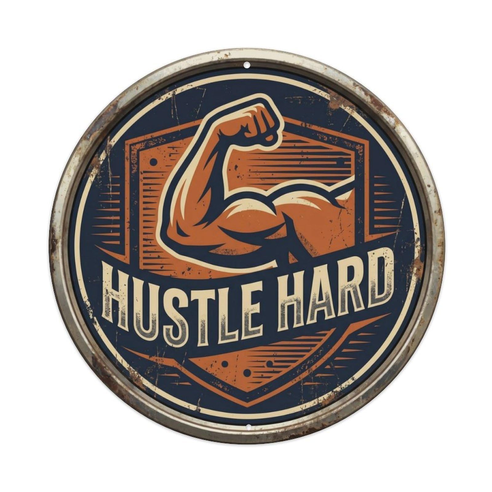 Fqcyn Style Hustle Hard Nostalgic Garage Display Retro Slogans Metal Tin Sign Plaque Wall Decor For Cafe, Club Bar, Office, Home Garden Round Metal Poster 8X8inch