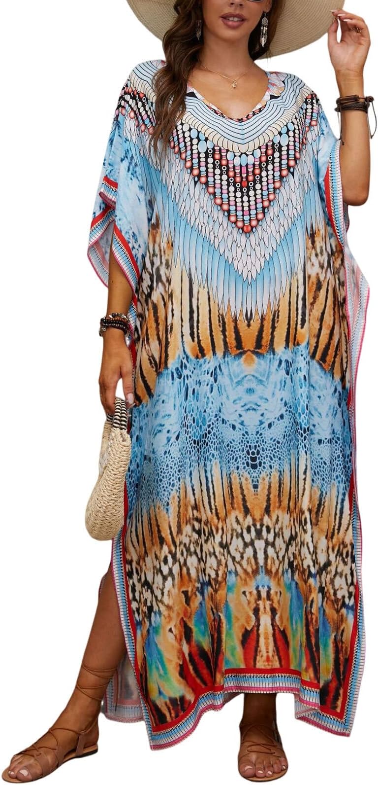 Women's Plus Size Animal Print V-Neck Batwing Kaftan Beach Dress Bathing Suit Cover-Up Loungewear