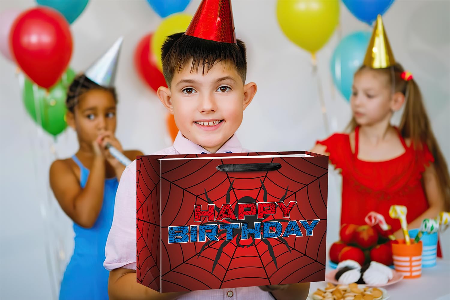 Ranfashiong 16" Red Extra Large Spider Birthday Gift Bag for Kids with Tissue Paper and Card, Spider Webs Design Wrapping for Boys, Girls Halloween Party Decor