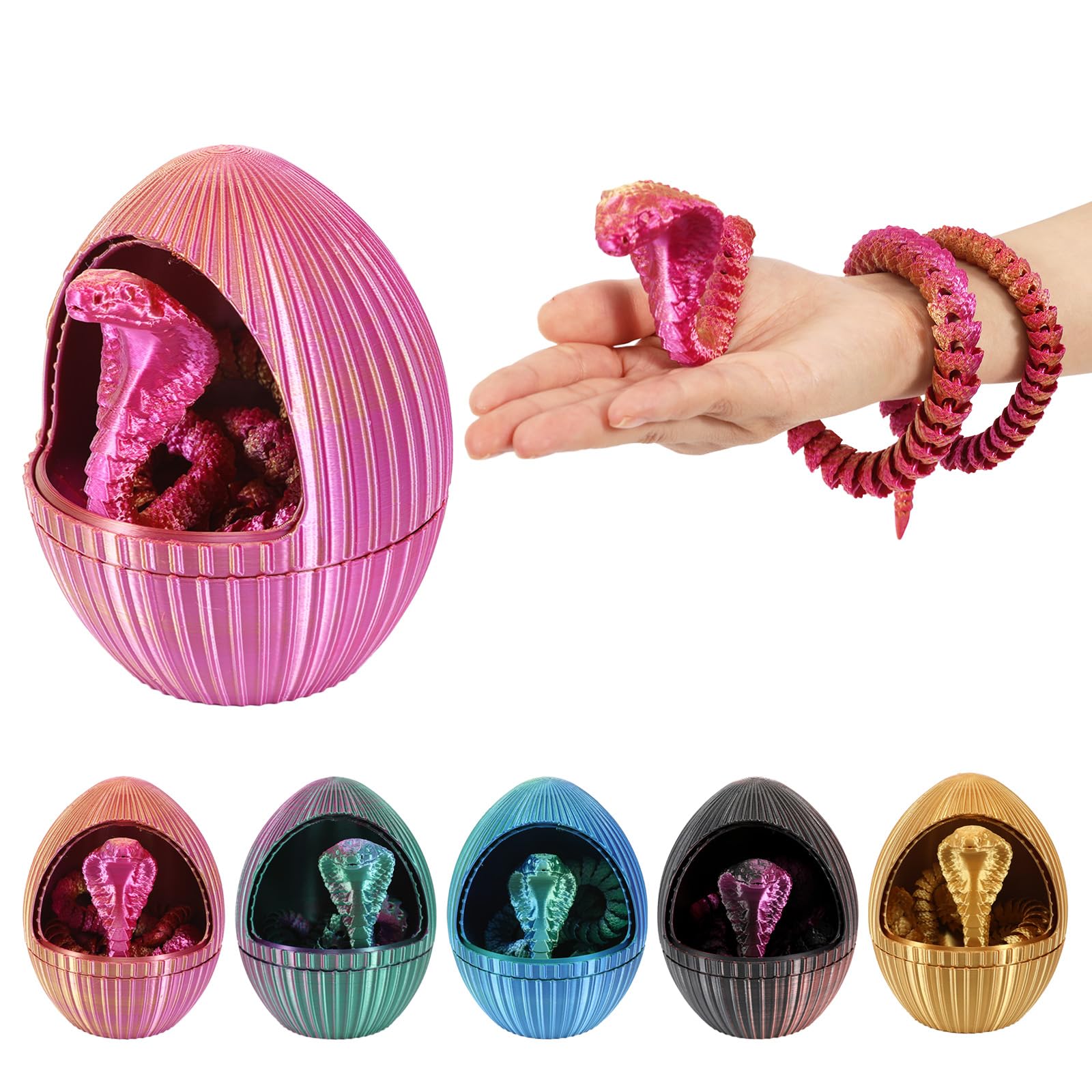 3D Printed Snake Egg Toys with Fidget Snake Inside, 24'' 3D Articulated Snake in Easter Egg, Figures Decor Home Office (Pink & Purple)