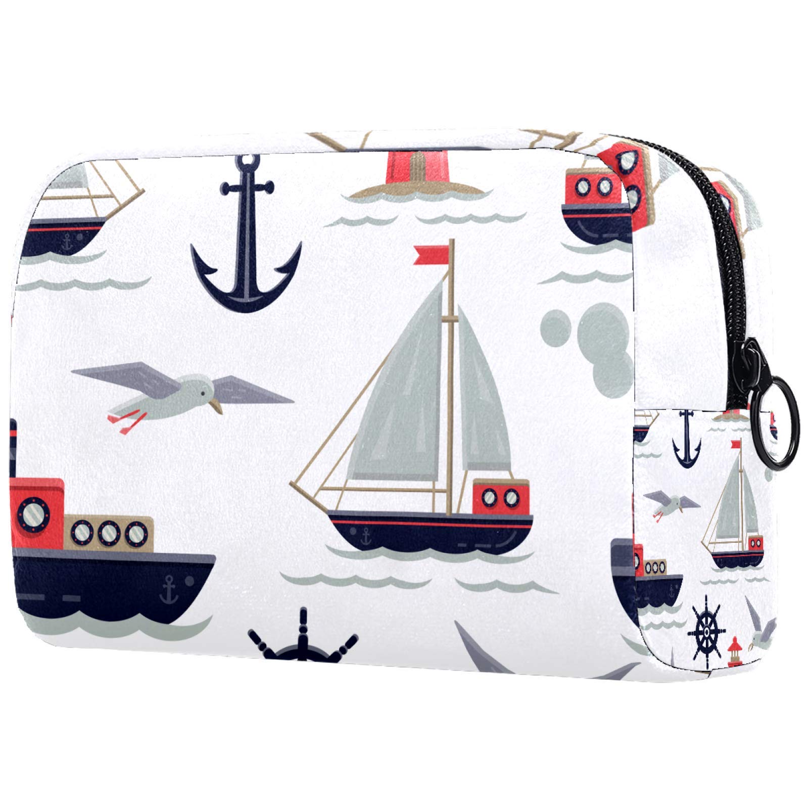 Toiletry Bag with Zippered,Large Capacity Reusable Makeup Pouch Cosmetic Travel Bag with Anchor Boats Sailing Ship Seagull for Teen Girls Women