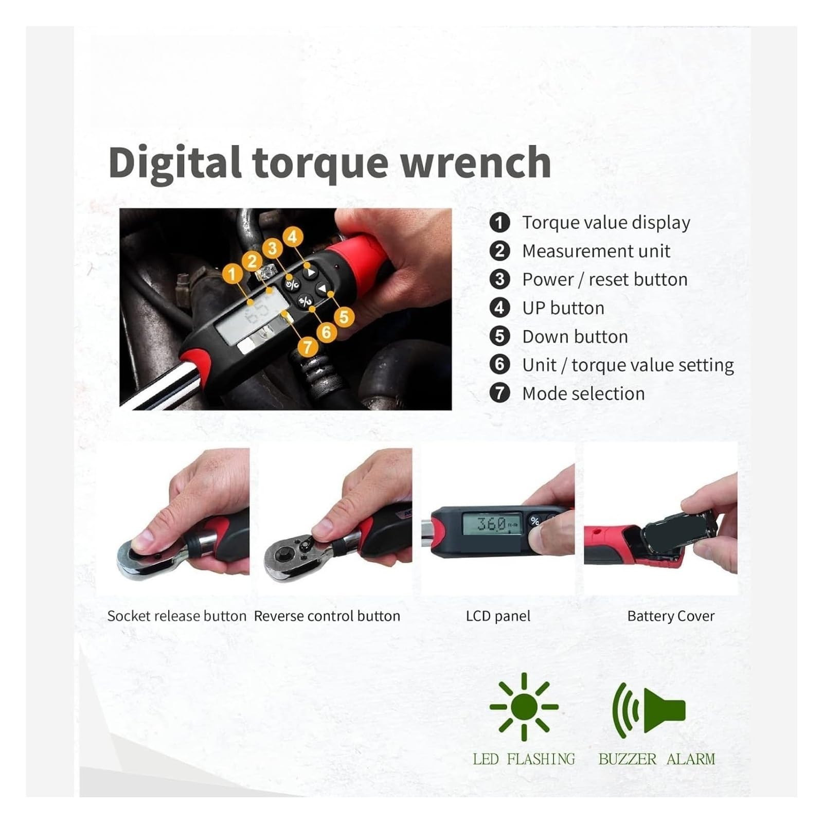 Drehmomentschlüssel, Hochleistungs-Kombi-Set for digitale Drehmomentschlüssel mit Summer und LED-Blitzbenachrichtigung für Auto, Motorrad