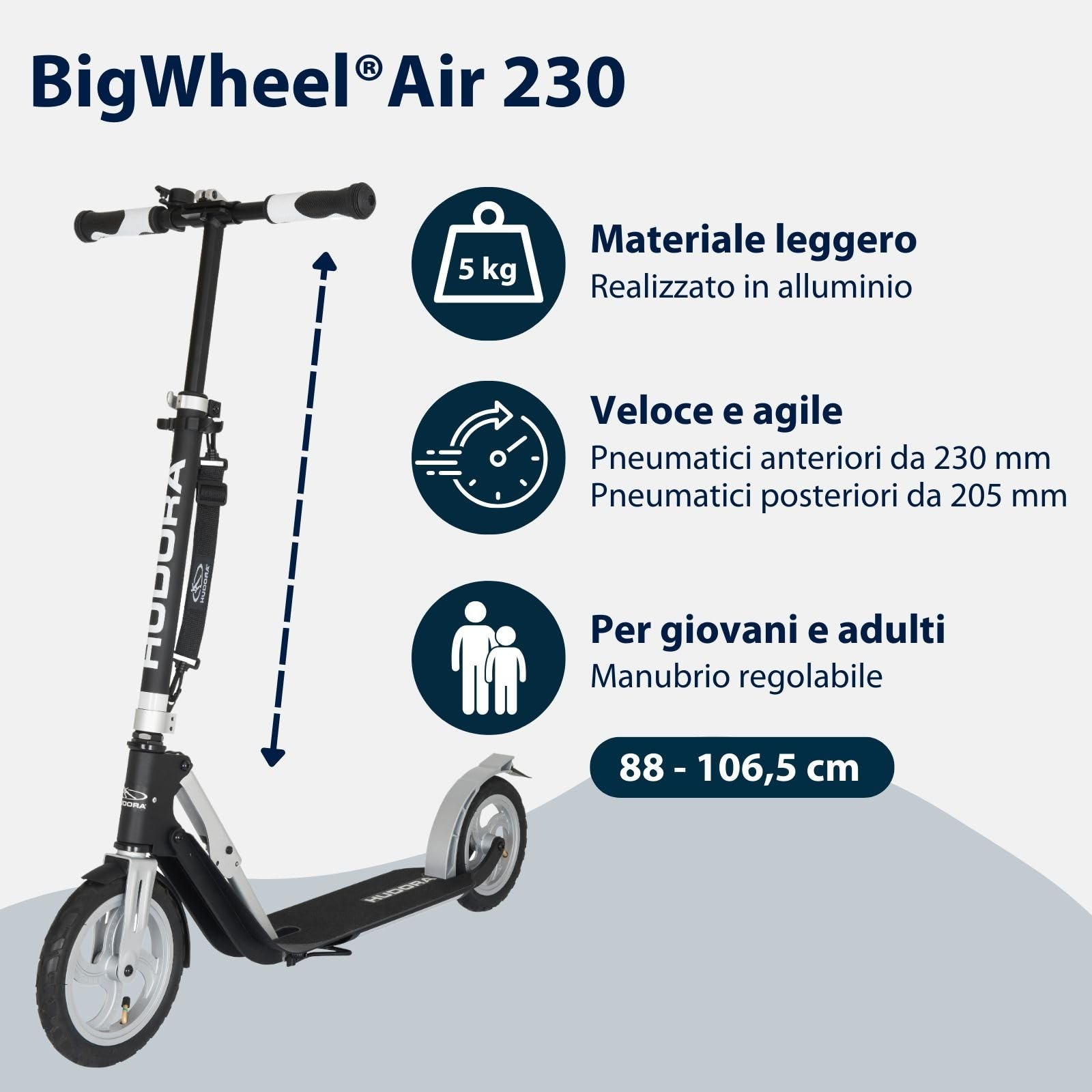 HUDORA Monopattino BigWheel Air 230 - Monopattino con/senza freno a mano - Monopattino in alluminio resistente con pneumatici - Regolabile in altezza e pieghevole, per carico fino a 120 kg