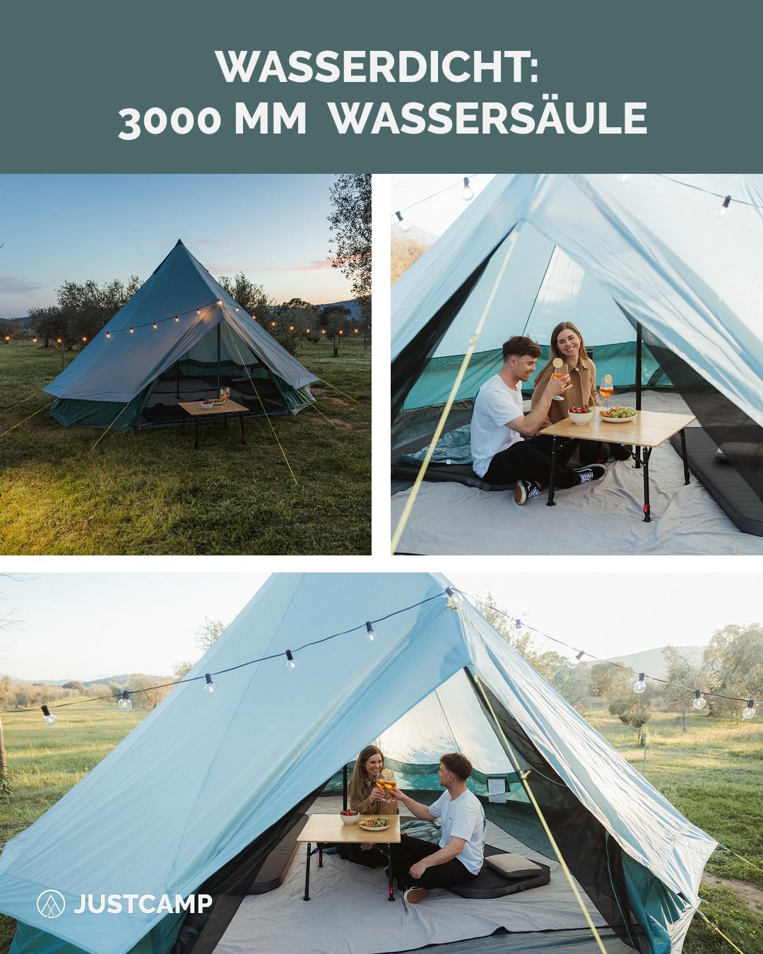JUSTCAMP Bell 10 Tipi Tente - Tente de Camping extérieure 10 Personnes/Places, 4 Saisons, familiale, imperméable, Premium XXL géante - 5 x 5 x 3 m - 14 kg - Menthe