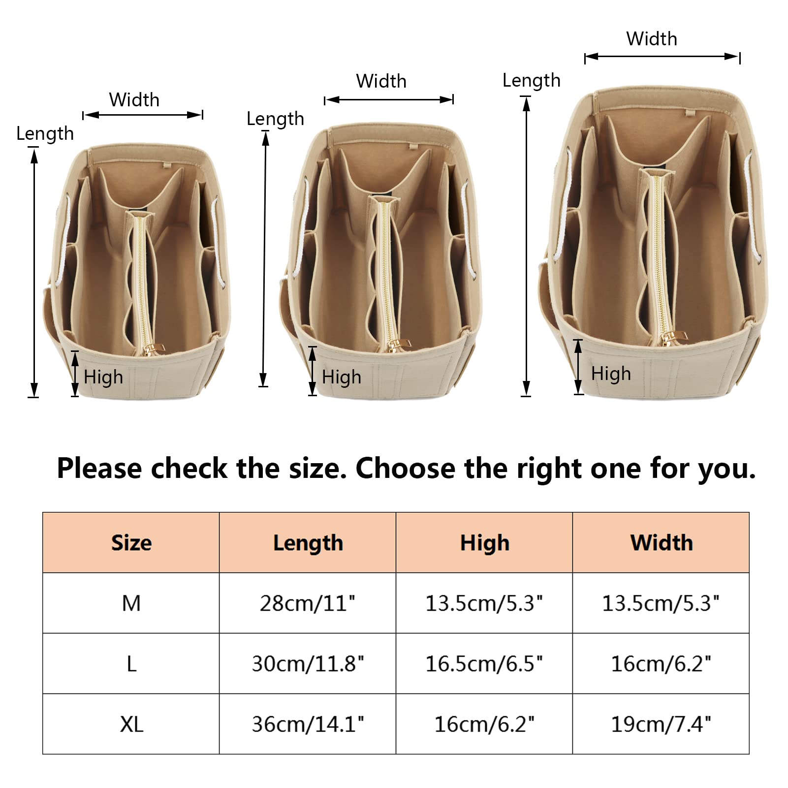 Taschenorganizer Handtasche, Filz Taschen Organisator mit Abnehmbare Reißverschluss-Tasche und Griff für Damen Weiß