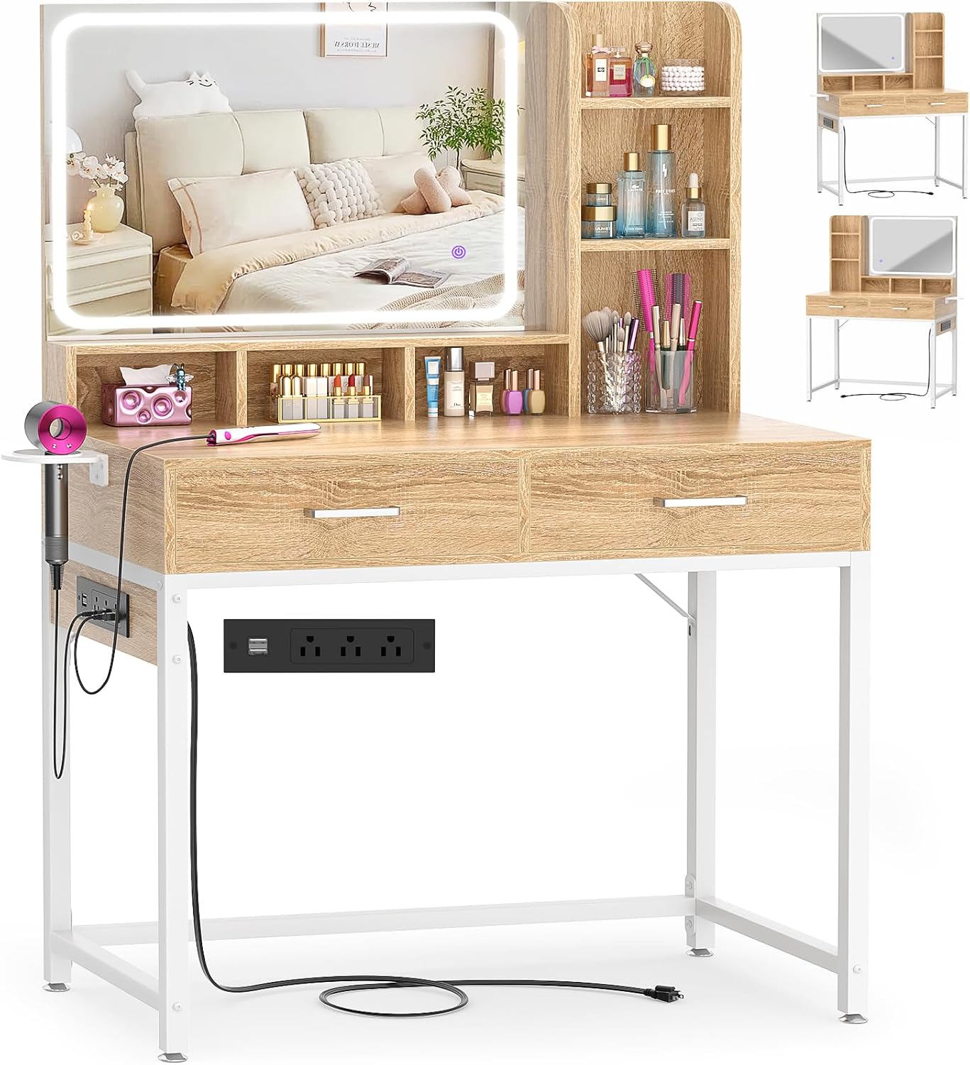 Small Vanity Desk, Vanity Desk with Mirror and Lights, Makeup Vanity Desks with Power Strip, Vanity Table with Drawers and Shelves, Adjustable Lighting, Dressing Table for Bedroom Dressing Room, White