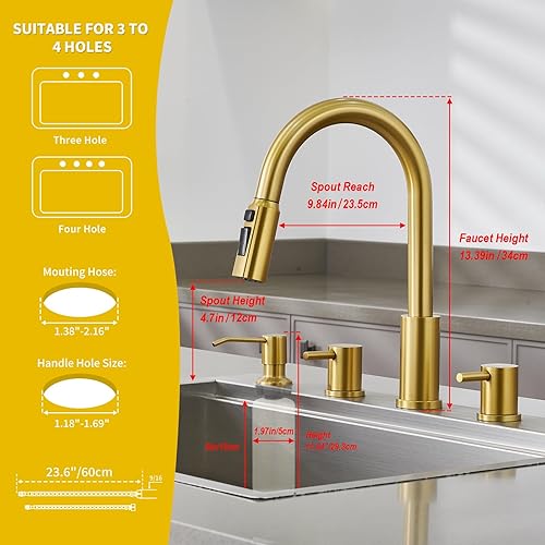 Miniatura 6 de Tohlar Grifo de cocina de 4 agujeros, grifo de cocina dorado cepillado con dispensador de jabón y rociador extraíble, 3 modos, grifo de fregadero
