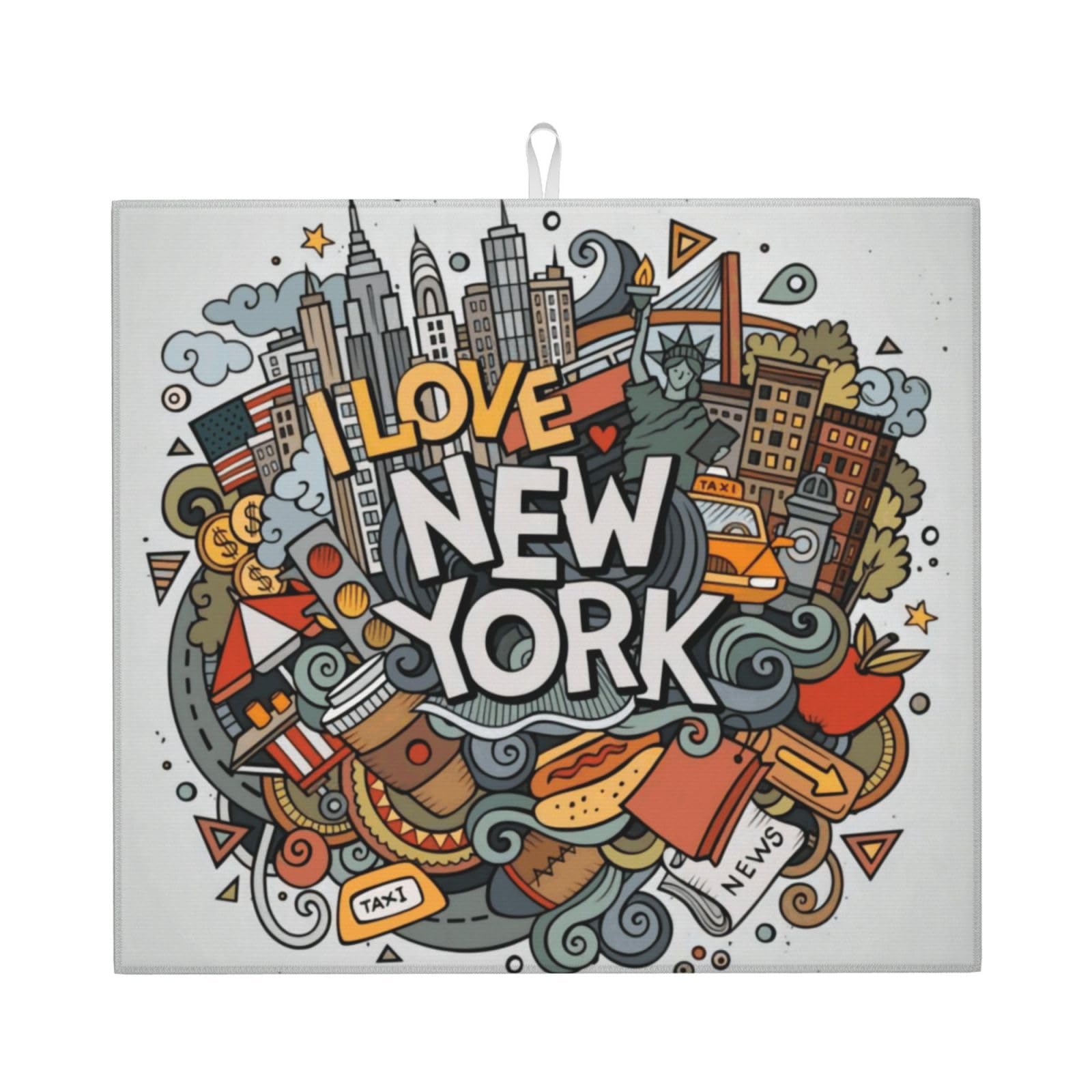 Yyhwhjde Black Cartoon Cute New York American Theme Art Prints Kitchen Drying Mat – Absorbent Dish Throw For Countertop, Non-Slip Quick-Dry Layer With Vibrant Prints, Ideal For New Home Gift