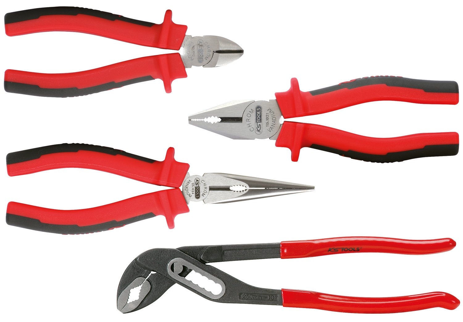 KS Tools115.1004 Ergotorque Pliers Set, 4 Pieces, Diagonal Side Cutters 160 mm, Combination Pliers 180 mm, Telephone Pliers 180 mm, Water Pump Pliers 240 mm (10 inches), 2-Component Handle, with