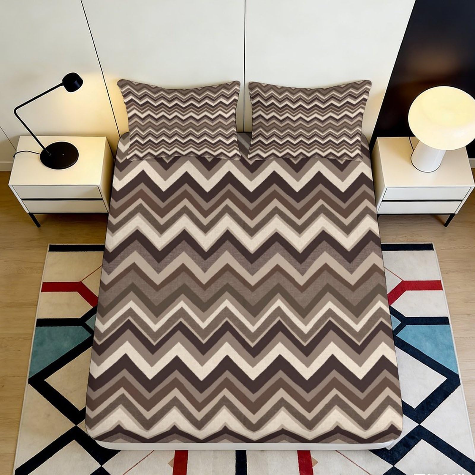 3D Printed Chevron Wave Fitted Sheet Microfiber Soft Brown Zigzag Mattress Cover for Bedroom Guest Room Decor 90x200x25cm