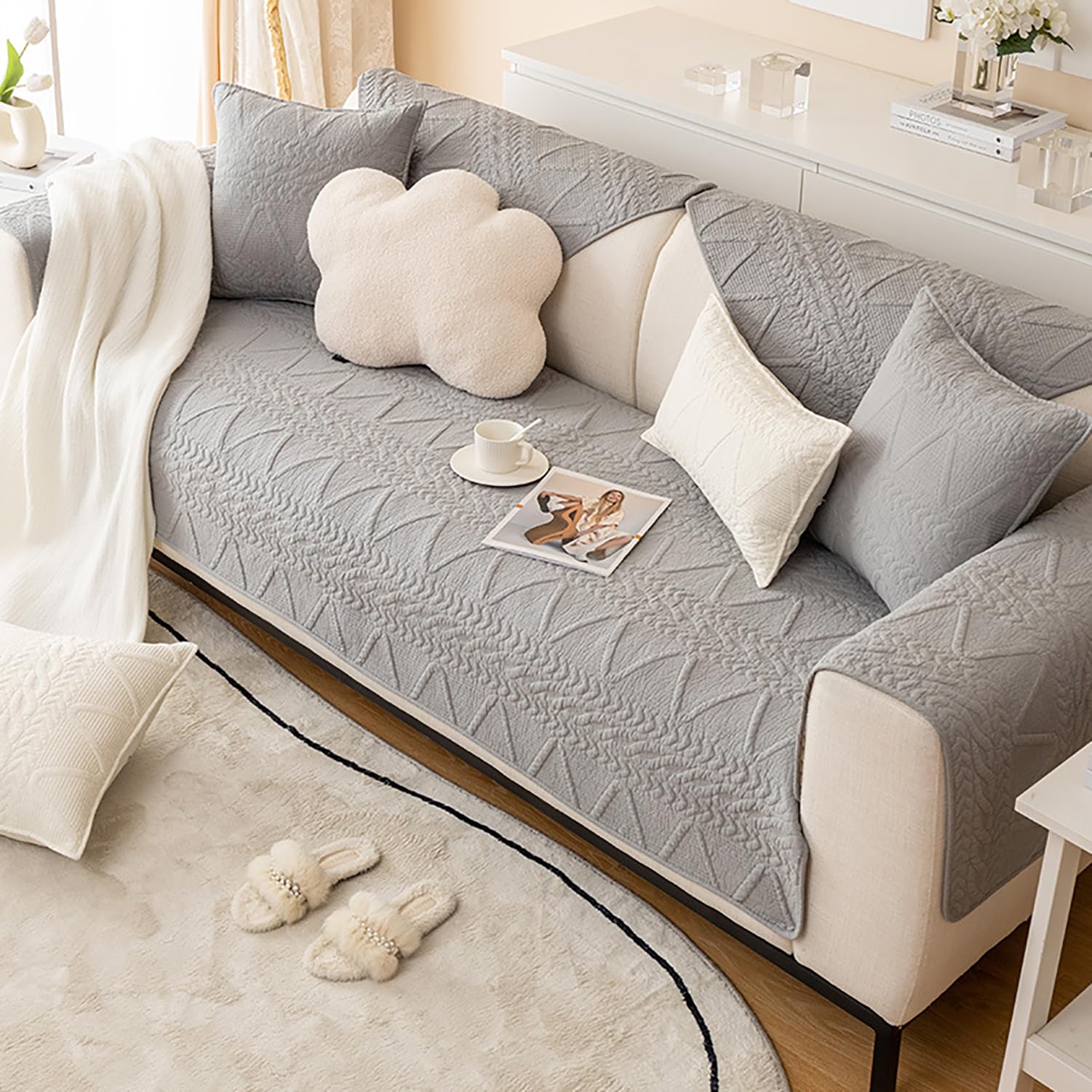 Housse de canapé élégante en coton gris 110 x 180 cm pour sublimer votre décoration d'intérieur