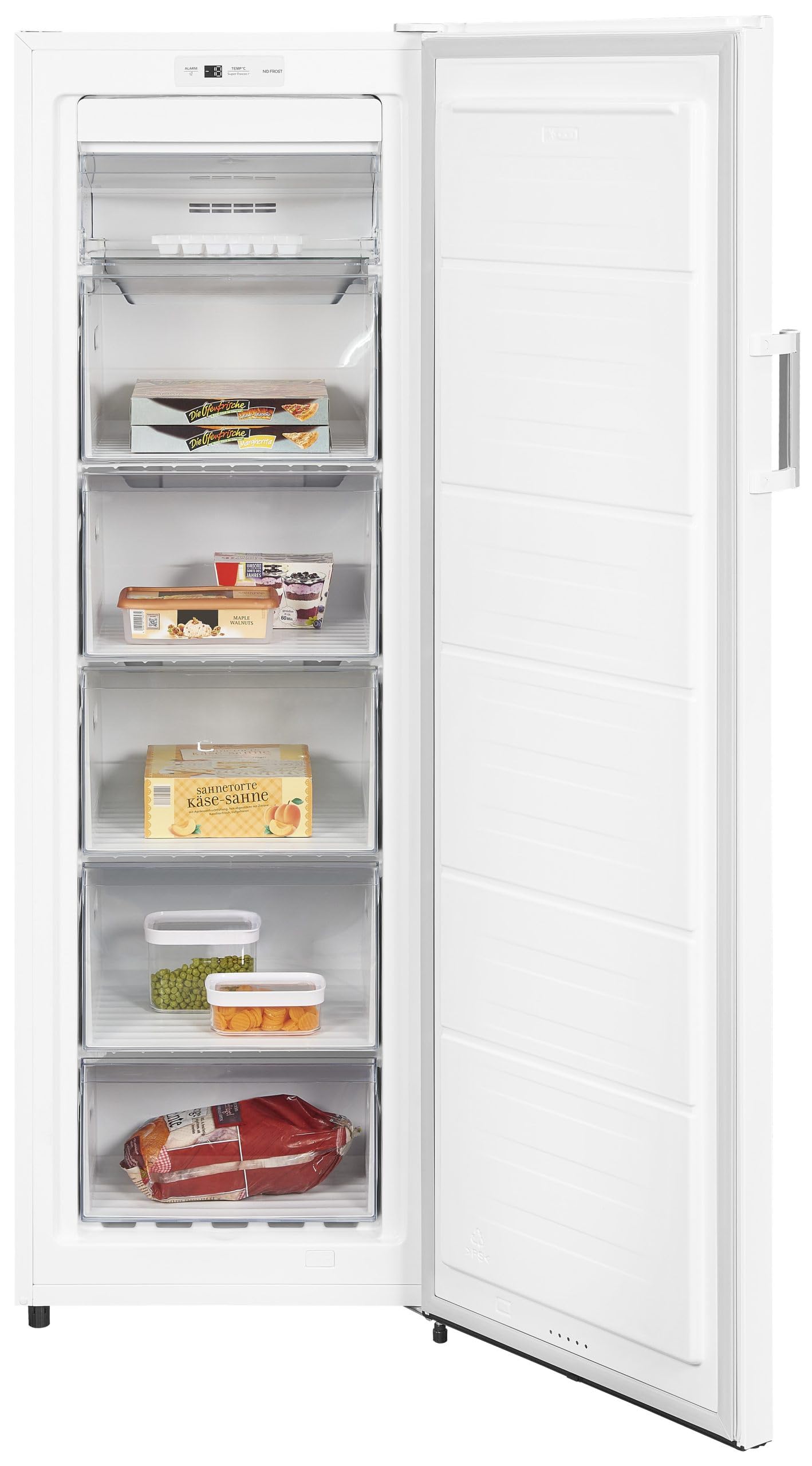 Exquisit® Congelador Vertical, 194L, Clase E, Color Blanco, 1 Puerta, 5 Cestos, Estante de Cristal,Tecnología No-Frost, Cajón XL, Altura Regulable, Consumo 219 kWh/año, Medidas 169,5x56x56,5 Cm.