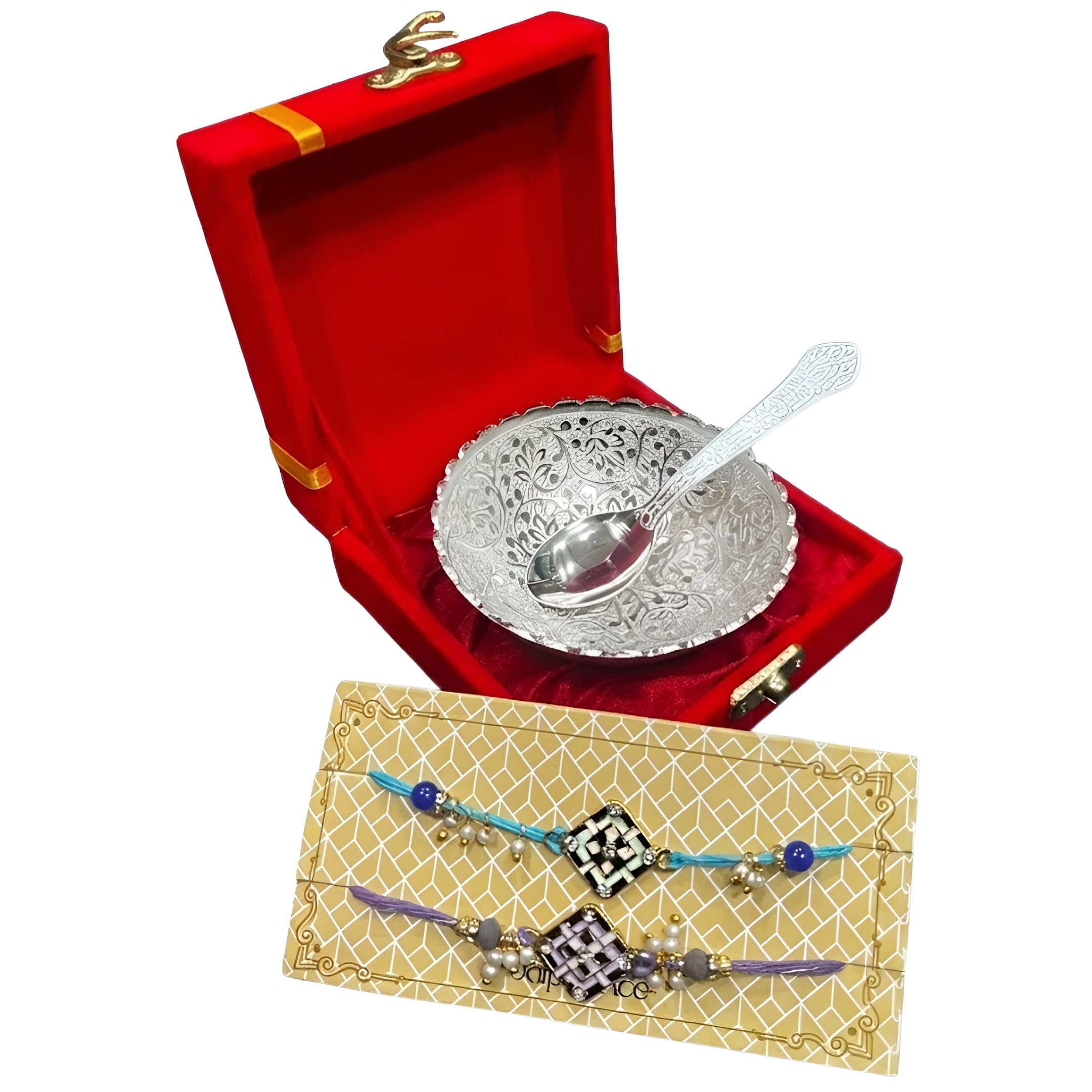 Rakhi Gifts for Brother, German Silver Bowl & Spoon with Designer Rakhi, Premium Rakhi Gift Set. Raksha Bandhan Gift Hamper, Festive Gift Box, Home Décor, German Silver Bowl in Velvet box-image-29