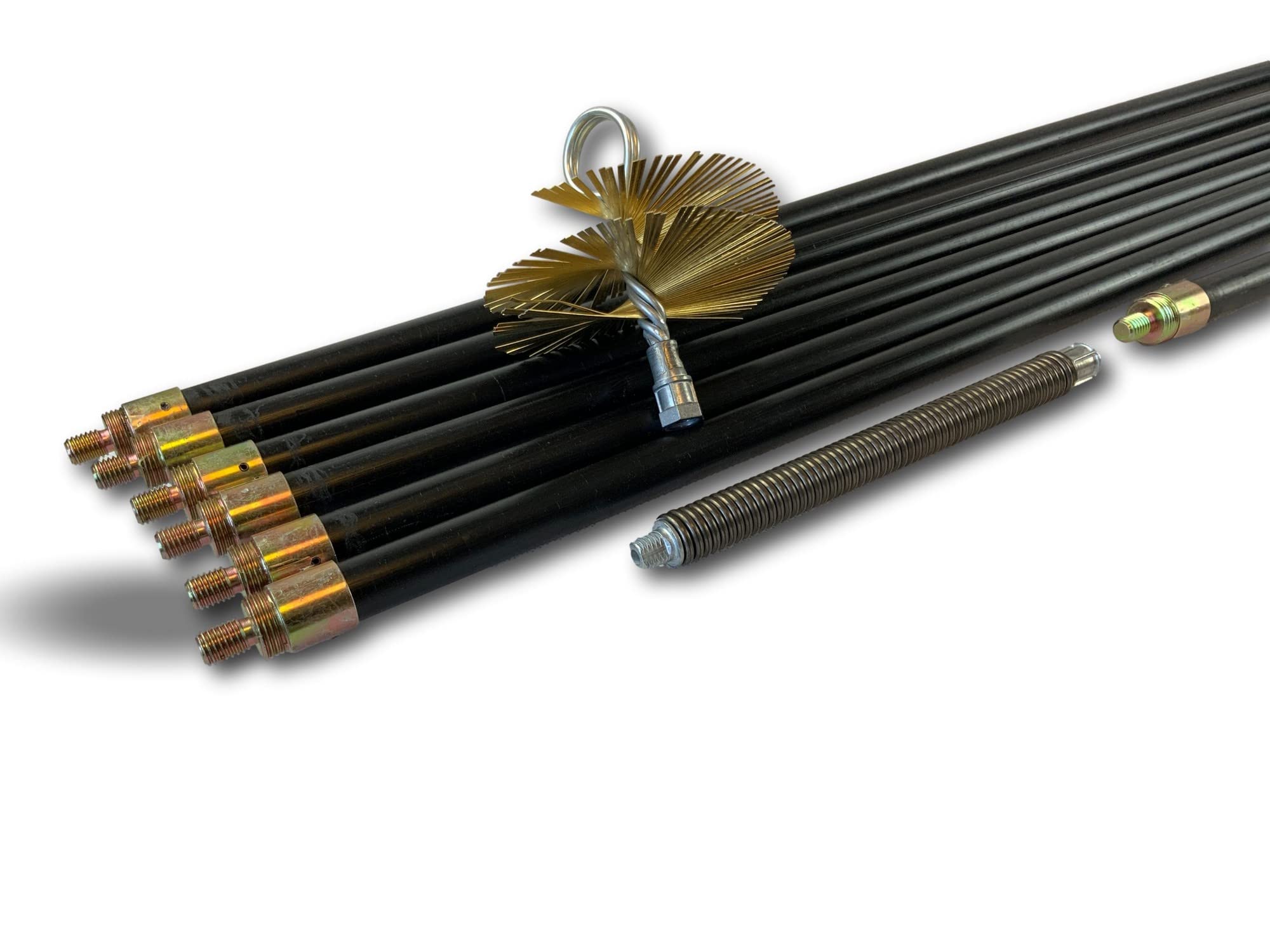 Kibros Kit spazzacamino iper pro non intubata scovolo in acciaio Ø 125 mm | Scovolo acciaio piatto rinforzato, 7 aste piene Ø 20 mm (6×2 m + 1×1 m), 13,25 m, canne fumarie non intubate.