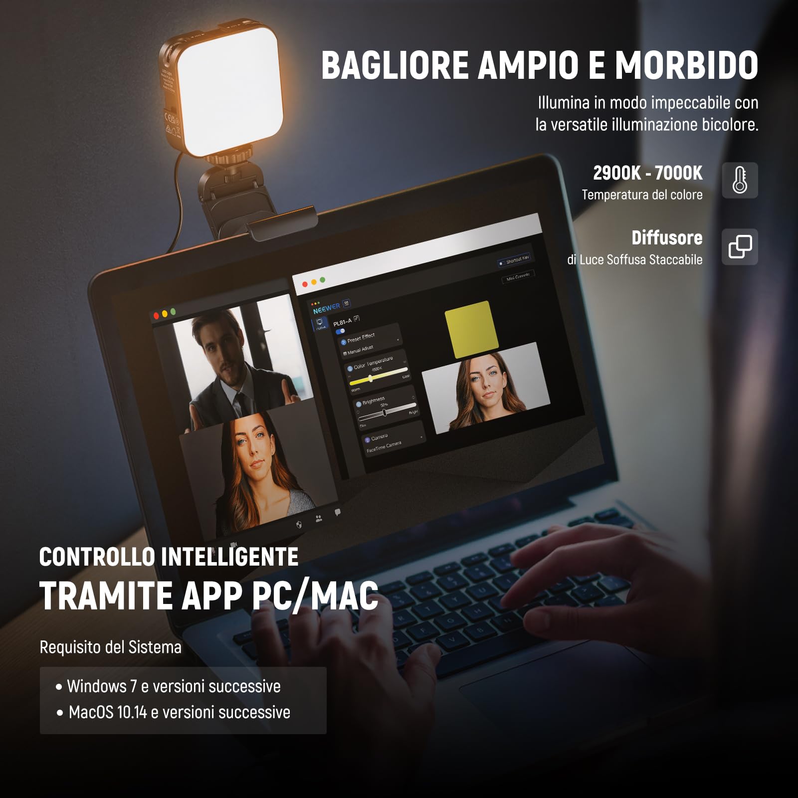 NEEWER Luce LED Streaming Professionale a USB con Controllo APP Laptop Mac/PC, 2 in 1 Stand per Monitor, 2900K-7000K Toni Ampi Selfie Luce Video per Webcam Computer Zoom Videoconferenze, PL81 PRO